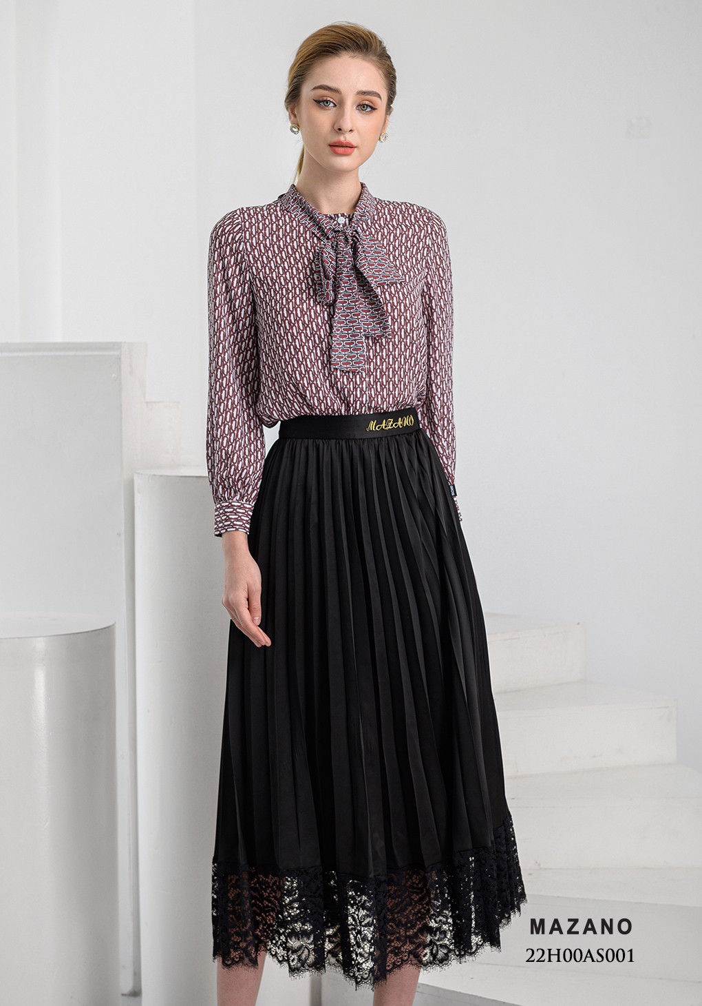 Áo sơ mi họa tiết dài tay phối nơ cổ_thumbnail_2