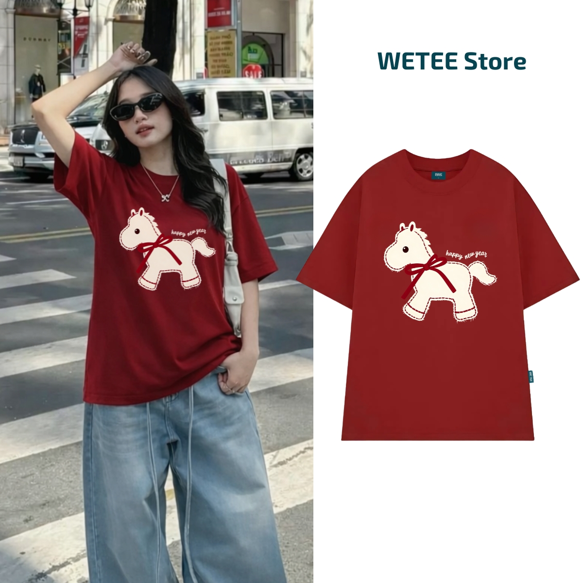 Áo thun unisex UX30-1129 hình Ngựa Happy New Year dáng oversized WETEE
