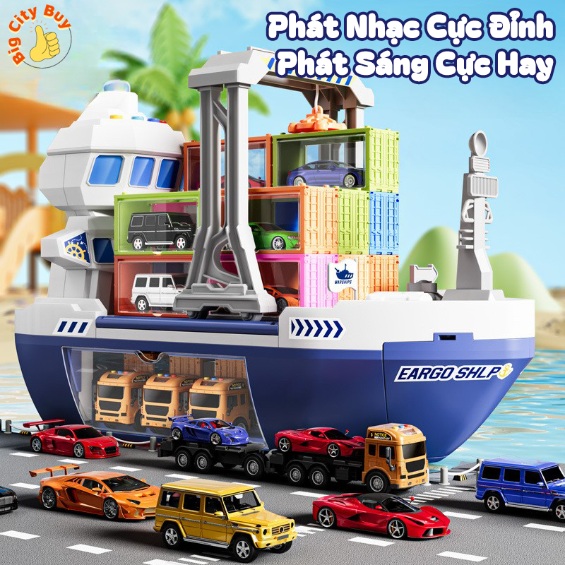 Tàu Thuỷ Container Khổng Lồ Tặng Kèm 12 Xe Nhỏ, 6 Container Chở Hàng Siêu Đỉnh Cho Bé