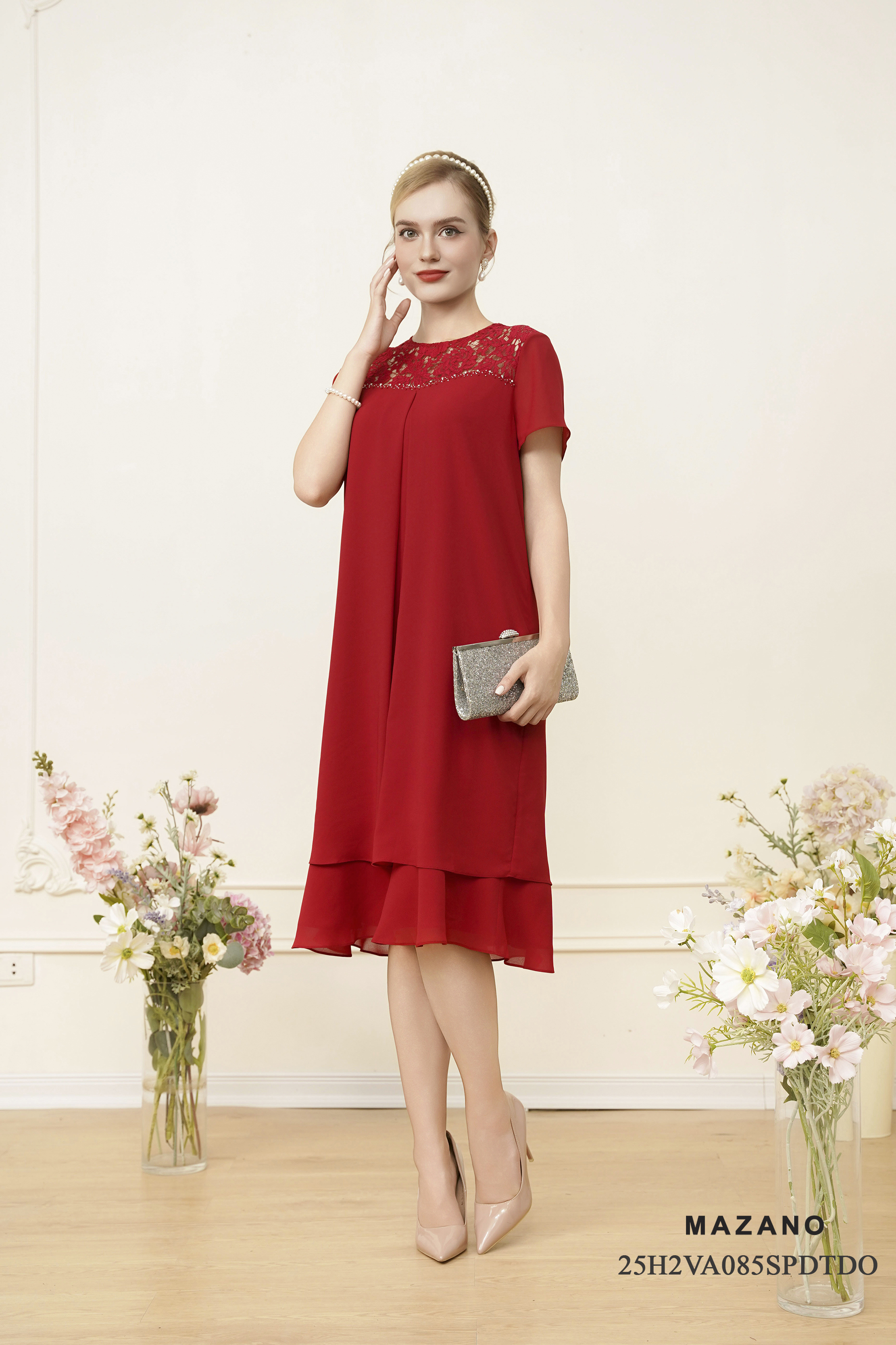 Váy Đầm suông A Vải voan phối ren ngực Đính trang trí Cổ tròn Tay ngắn Dài váy qua gối