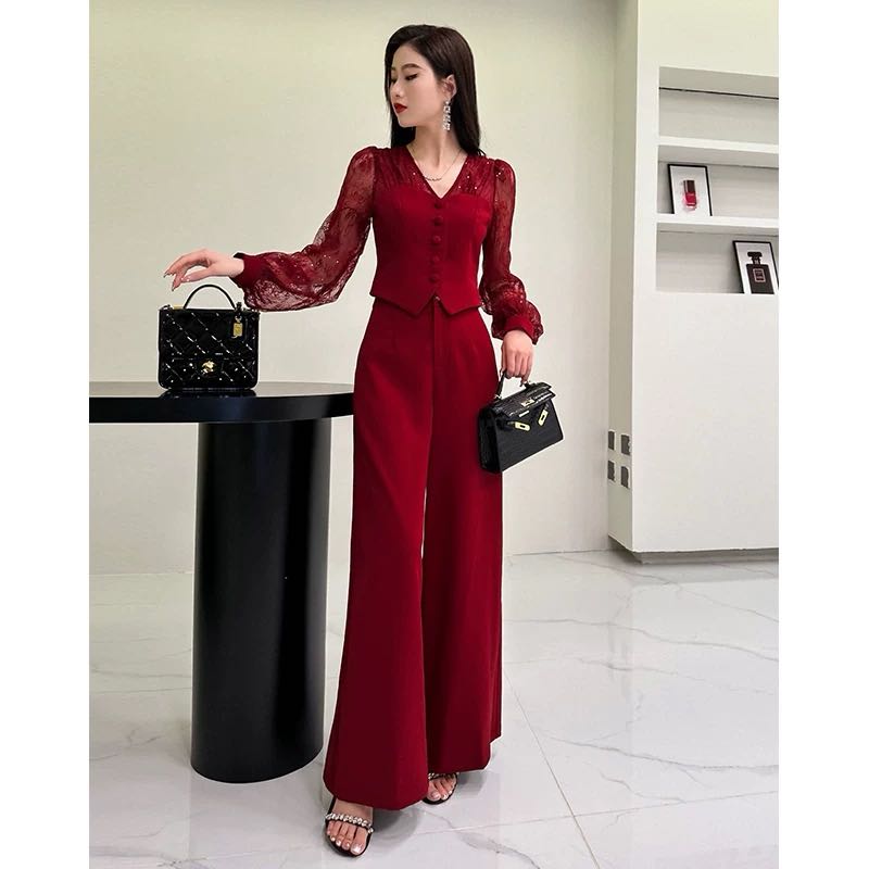 Set bộ áo kiểu cổ điển tay phối ren quần ống rộng_thumbnail_2