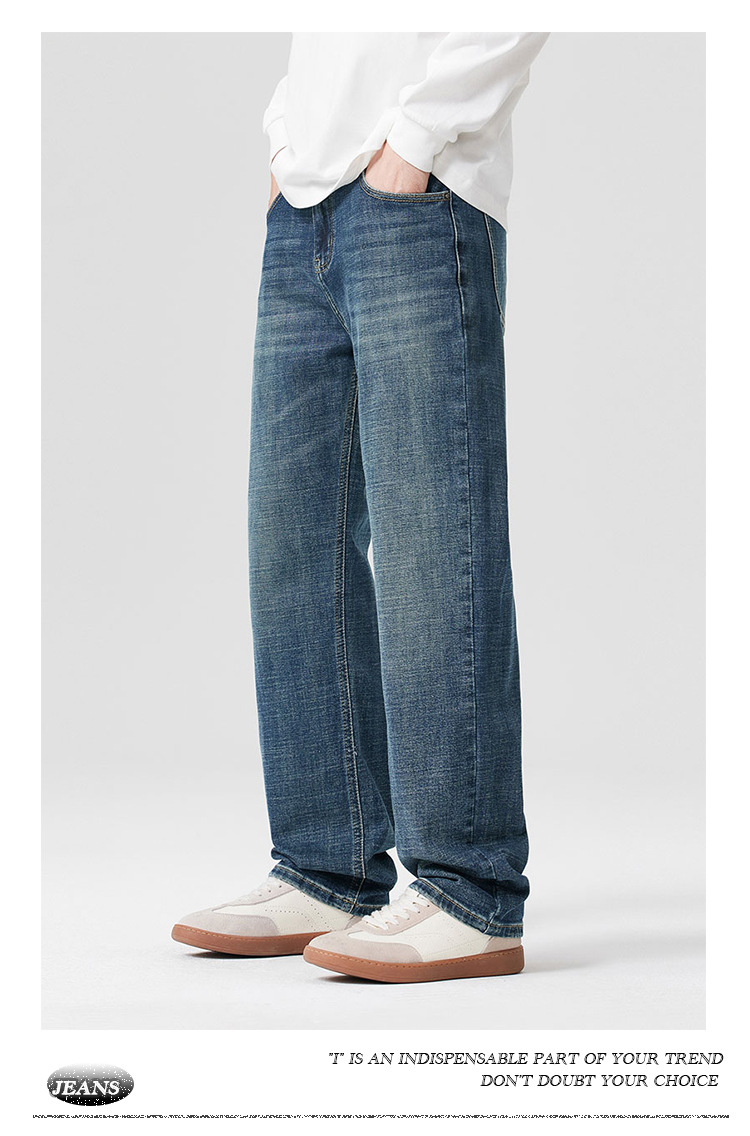 Quần jean thẳng ống rộng co giãn cho nam 2025 Phong cách mùa thu mới của Mỹ cổ điển râu mèo và quần tắm ngựa