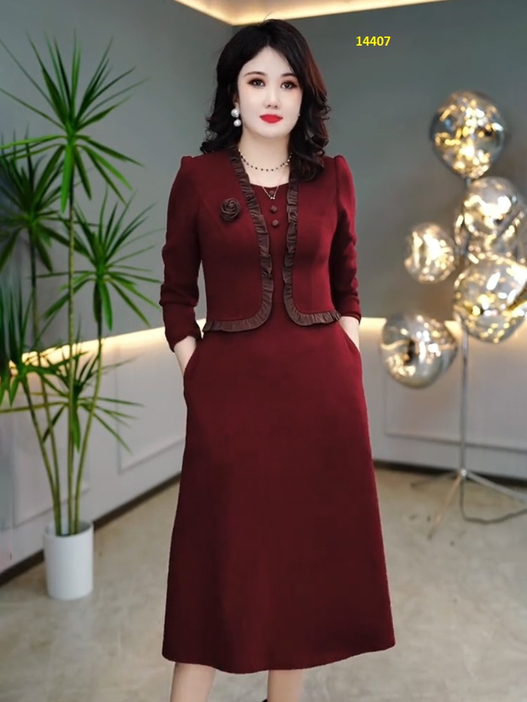 14407-Đầm đỏ xòe công sở tay dài phối kiểu áo giả rời (thun mịn)_thumbnail_0
