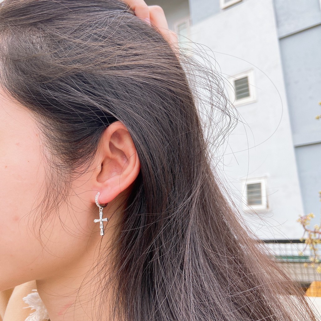 Khuyên tai Thánh Giá bạc unisex dáng dài nạm đá Zircon có chốt bấm/ trang sức Công Giáo KB03_thumbnail_5
