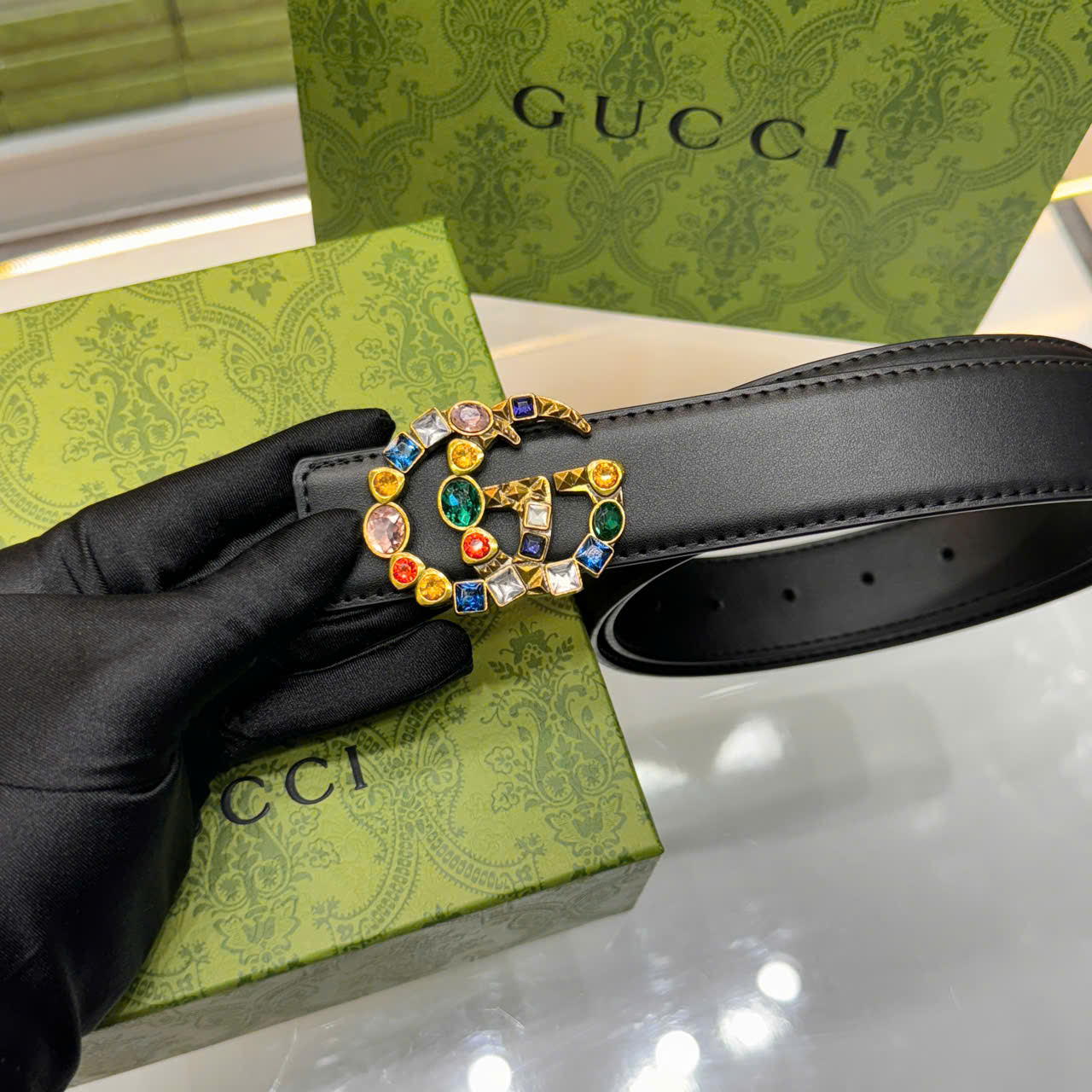 Thắt lưng Gucci Crystal GG Buckle Leather Belt đính đá_thumbnail_2