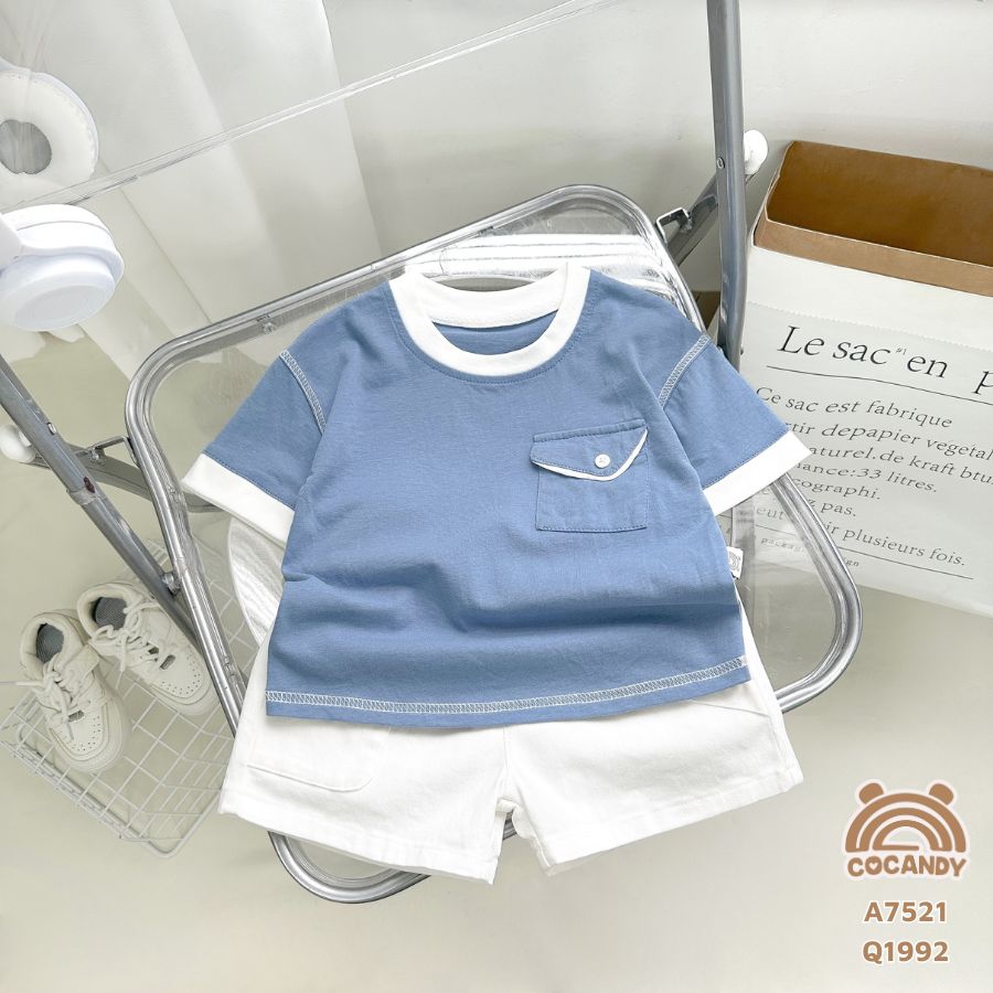 Áo cộc XANH GHI phối viền TRẮNG túi ngực có nắp