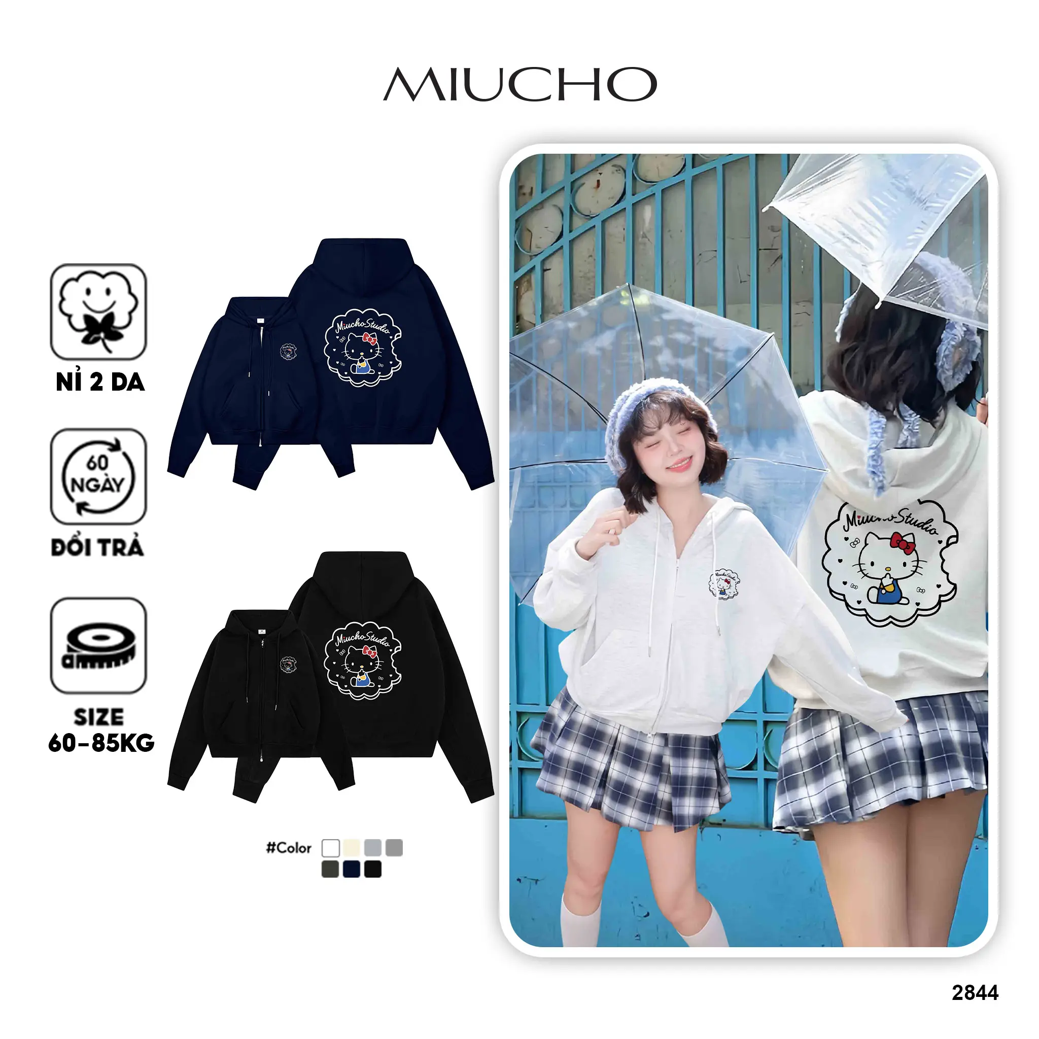Áo hoodie zip form boxy Miucho nỉ 2 da cao cấp thoáng mát có nón Kitty in mix dễ thương 2844
