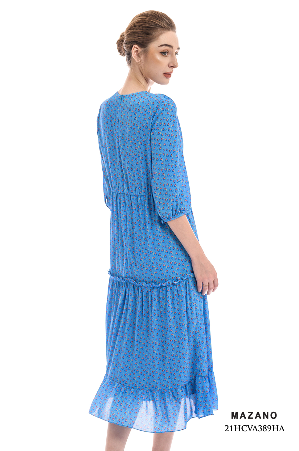 Đầm xanh họa tiết hoa bèo tầng họa tiết cổ V_thumbnail_2