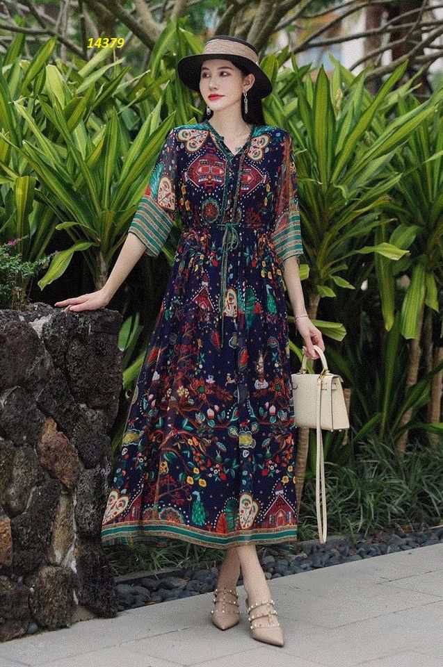 14379-Đầm xòe xanh đen họa tiết dạng thổ cẩm_thumbnail_0