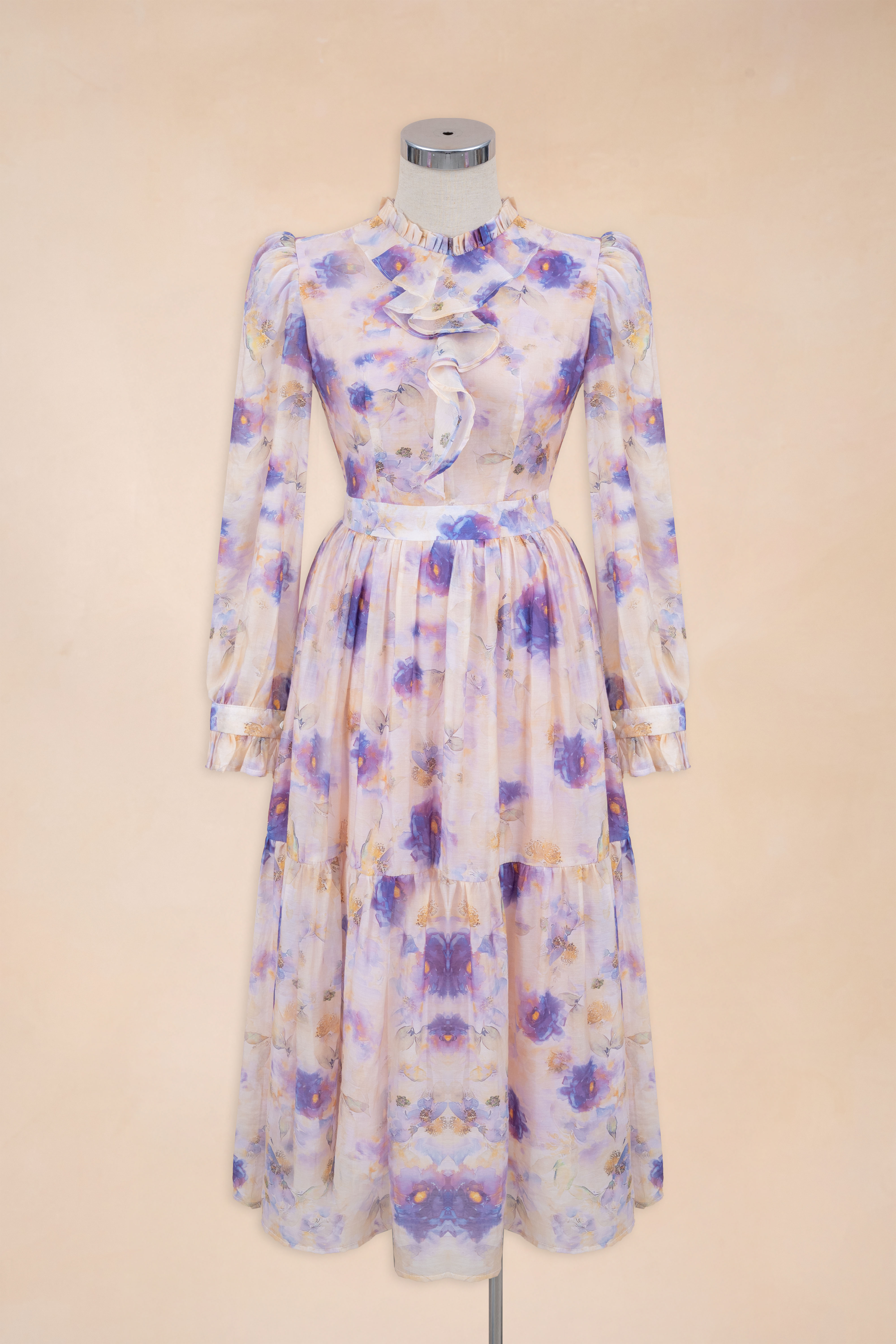 Đầm Xoè Hoa Tím Cổ Bèo