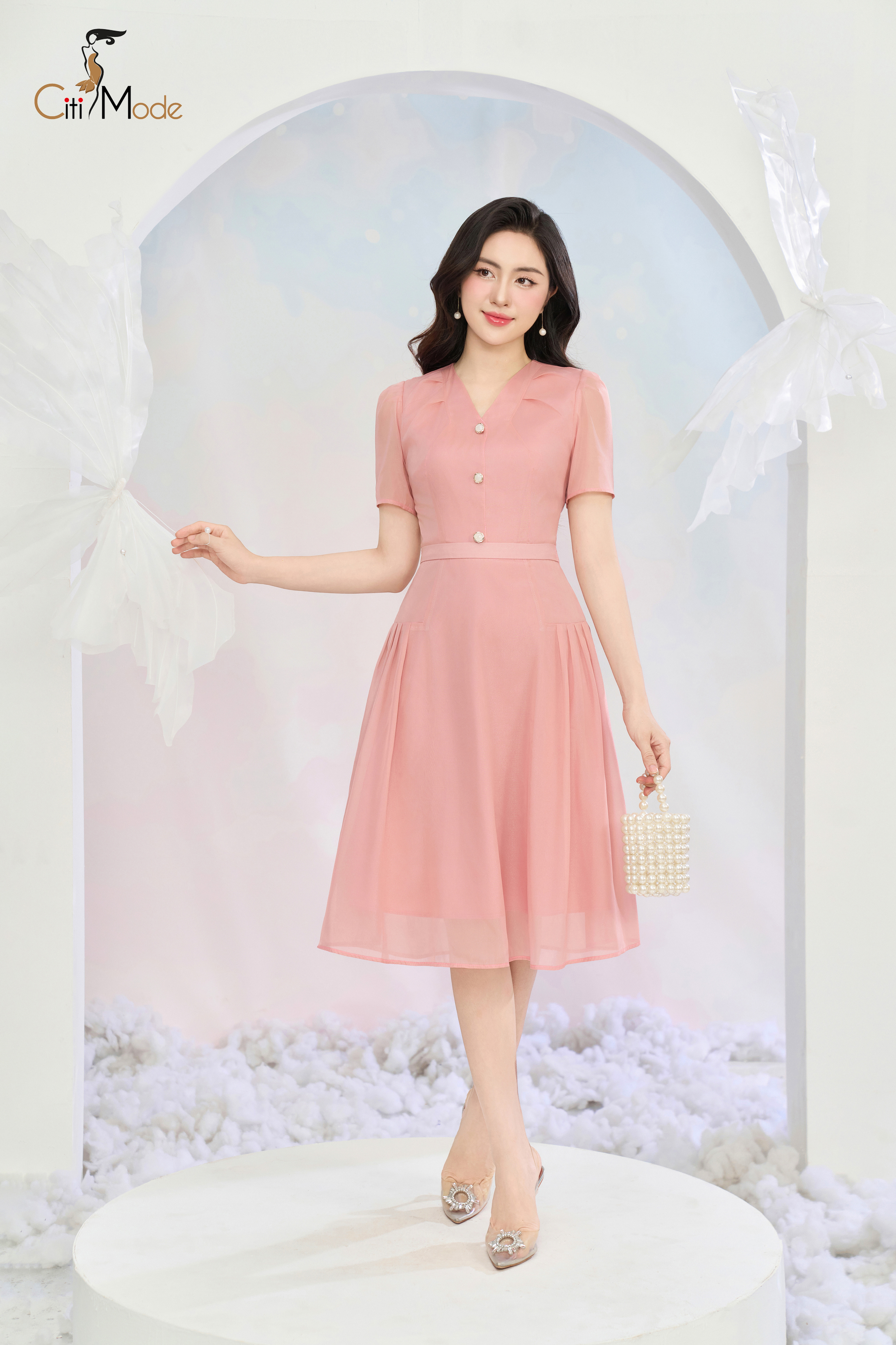 Đầm xoè hồng cổ V đính cúc_thumbnail_2