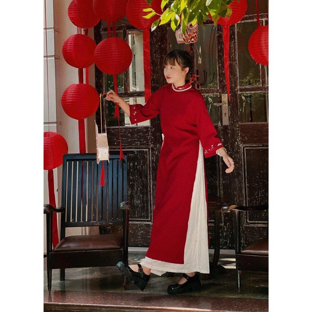 Nhung Tăm Áo Dài Cách Tân Nữ Váy Dáng Suông TH04-2 Thêu Hoa Lá Thời Trang TH04-2_thumbnail_3