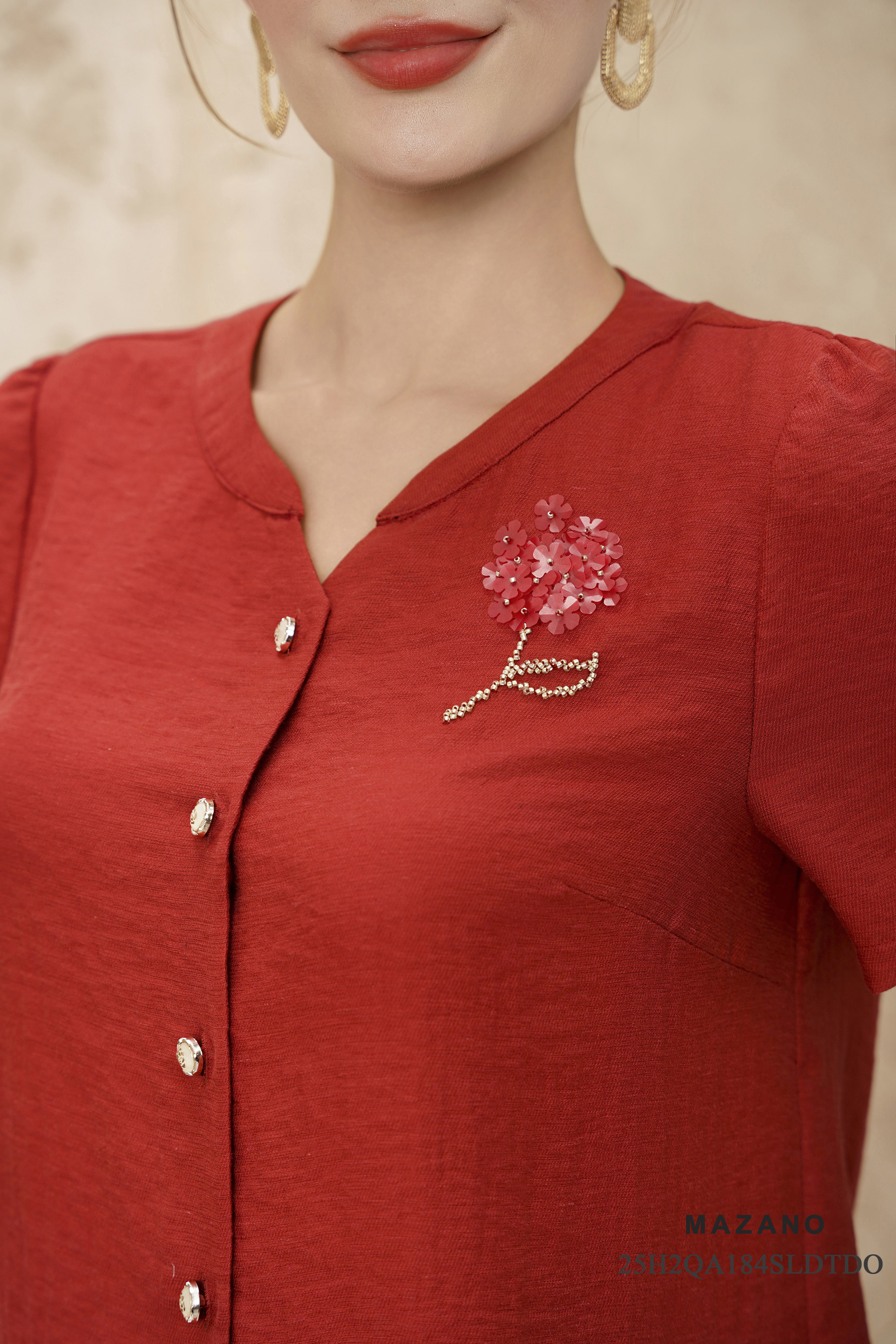 Bộ Quần và Áo suông Vải linen lụa Đính trang trí hoa thủ công Cổ tàu cách điệu Tay ngăn Dài quần tới mắt cá chân_thumbnail_3