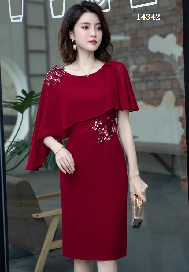 14342-Đầm body suông đỏ vai phối bèo voan (poly, voan)_thumbnail_1