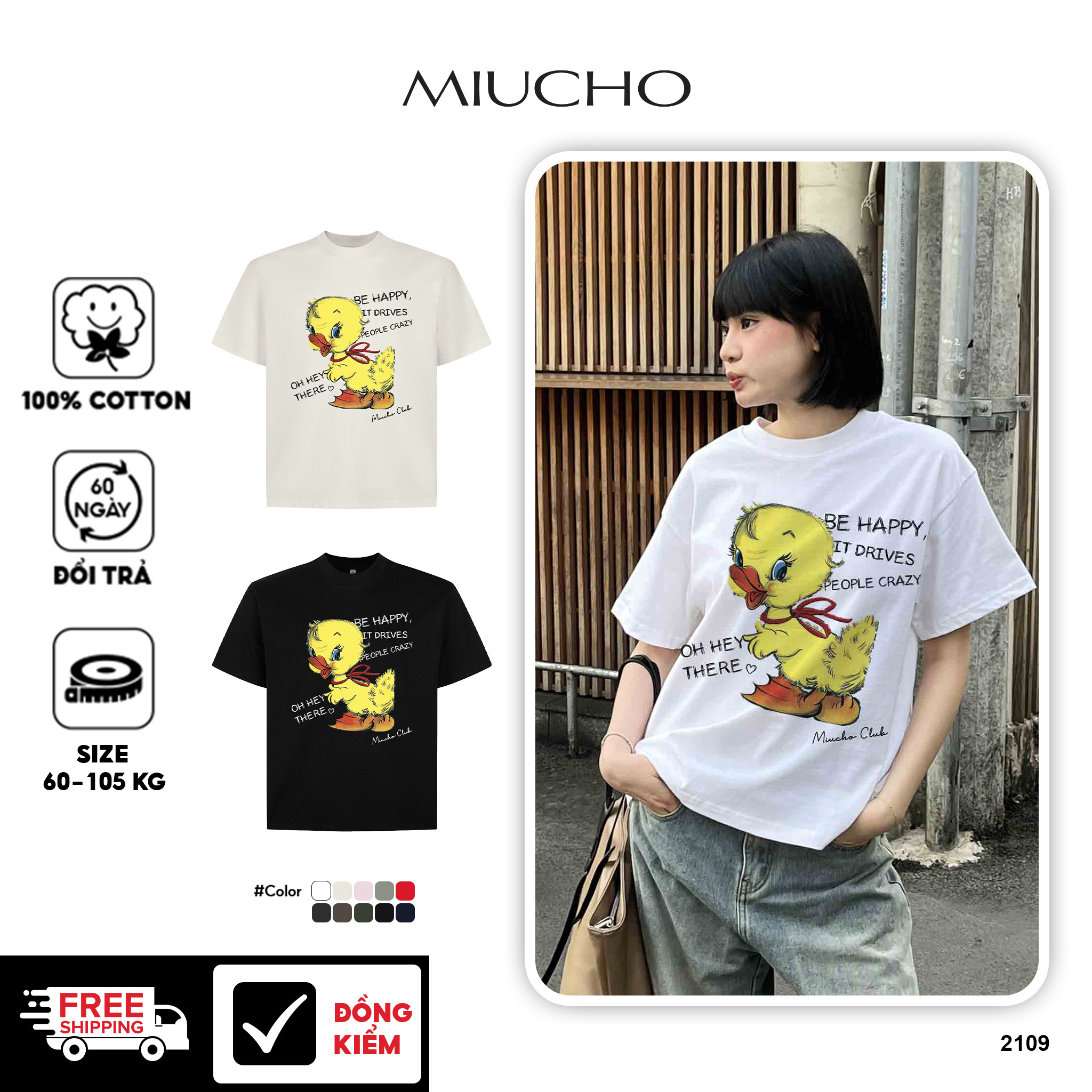 Áo thun boxy vịt con dễ thương 2109 Miucho vải cổ tròn vải cotton 2c 250gsm dày dặn in mix