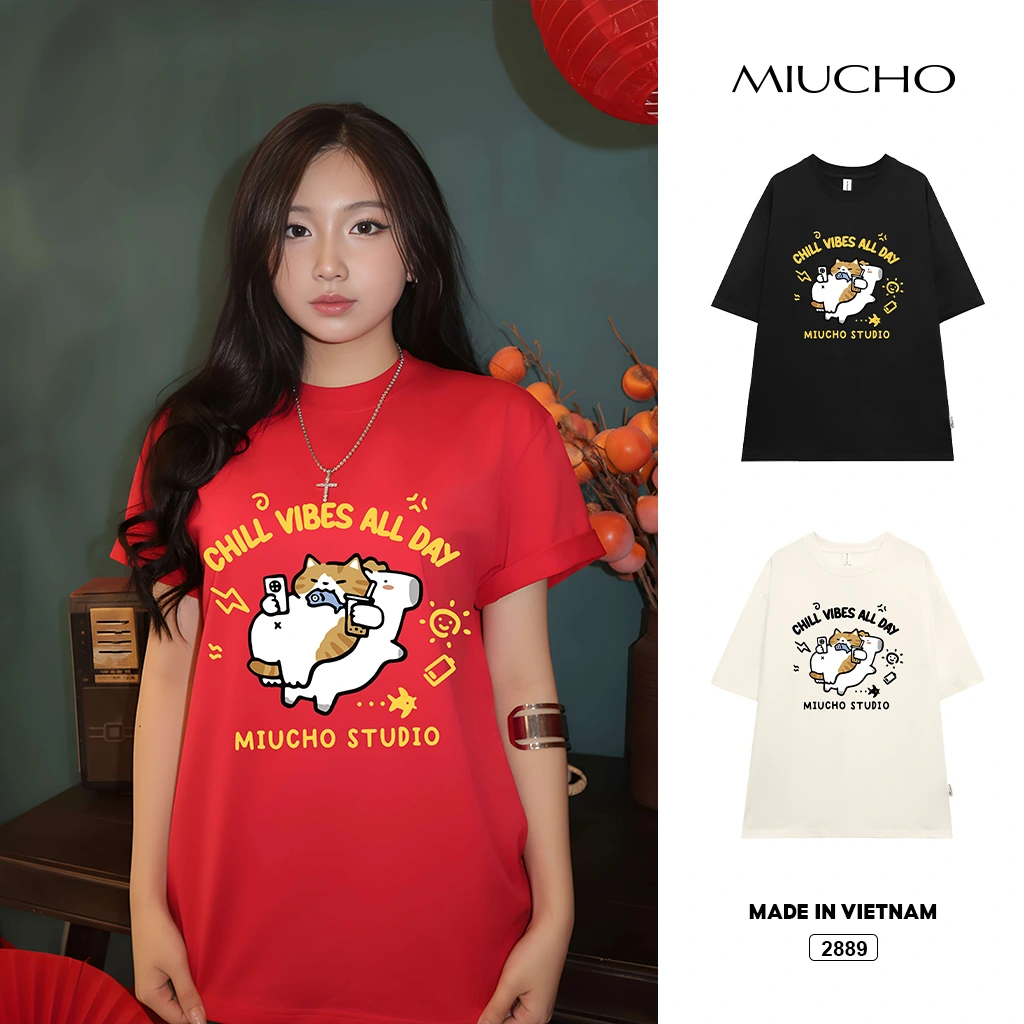 Áo thun form rộng Miucho chất vải thấm hút co giãn thoáng mát Chill Vibes All Day in mix 2889