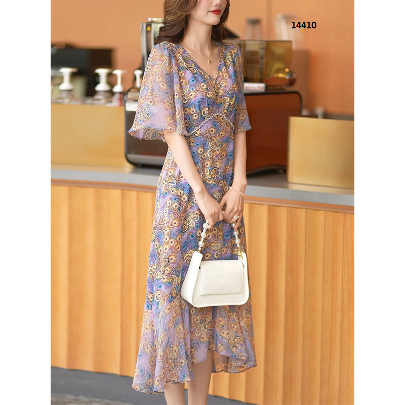 14410-Đầm voan xòe tay cánh tiên họa tiết đuôi công _thumbnail_1