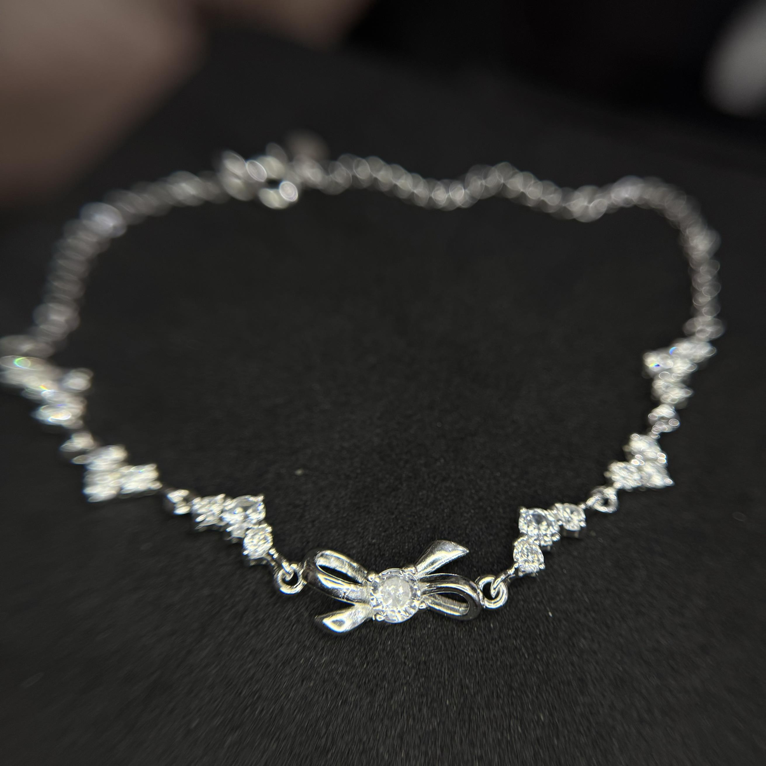 vòng tay bạc s925 dải dây đá tim kết nối mặt nơ trơn điểm đá nữ tính _thumbnail_1