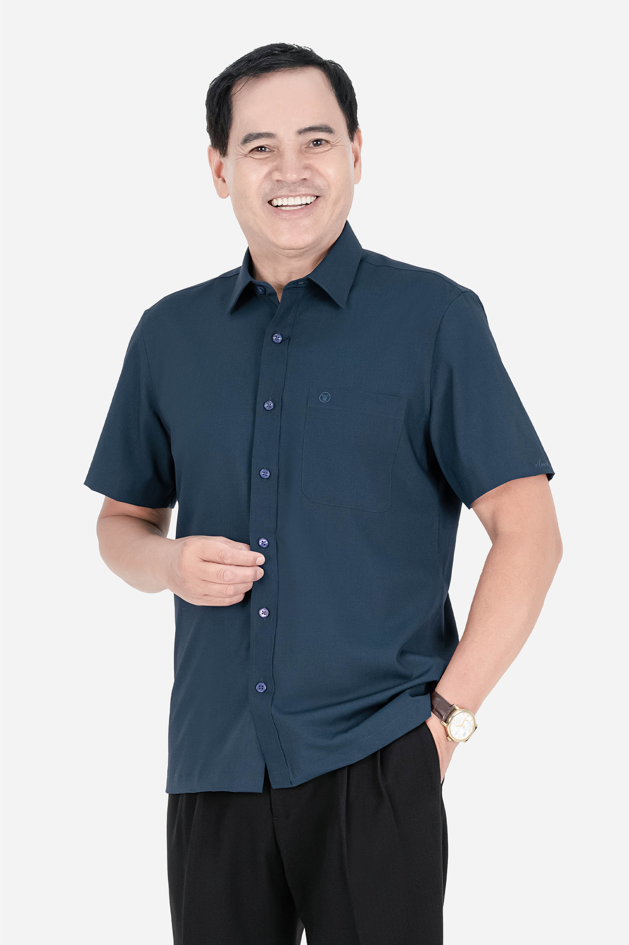 Áo Sơ Mi Trơn Cộc Tay Nam Trung Niên ANCHI Chất Liệu Sợi Gỗ Thoáng Mát_thumbnail_2