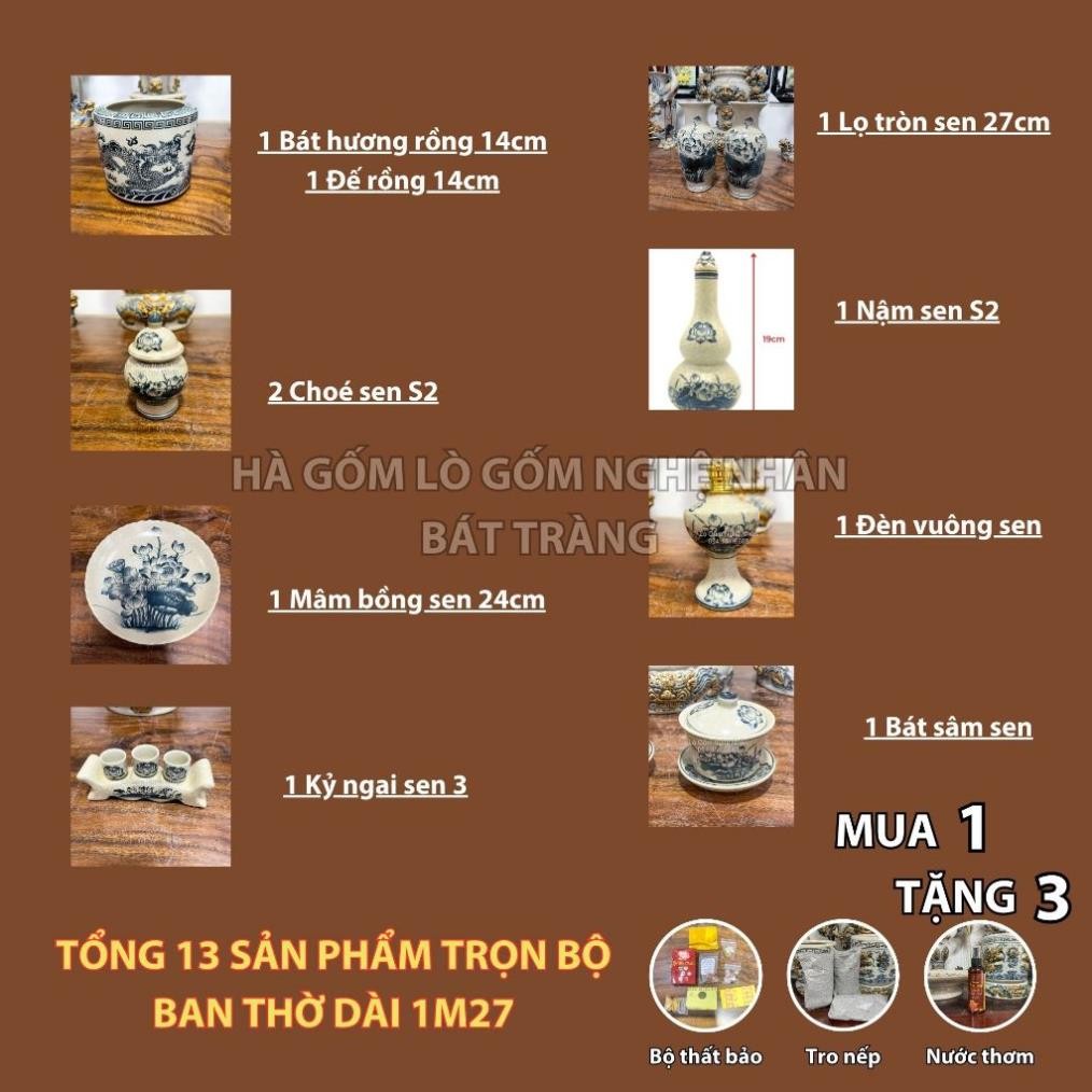 HG073 Đồ Thờ Cúng Bộ 13 món ban thờ 1M27 men rạn trơn nghệ nhân Bát Tràng chế tác TẶNG Thất Bảo, Tro Nếp_thumbnail_1