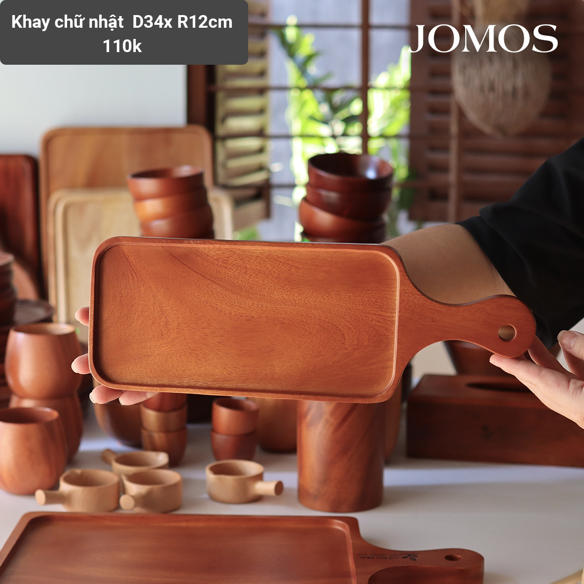 Khay Chữ Nhật Tay cầm gỗ xà cừ 12x34 - J000268