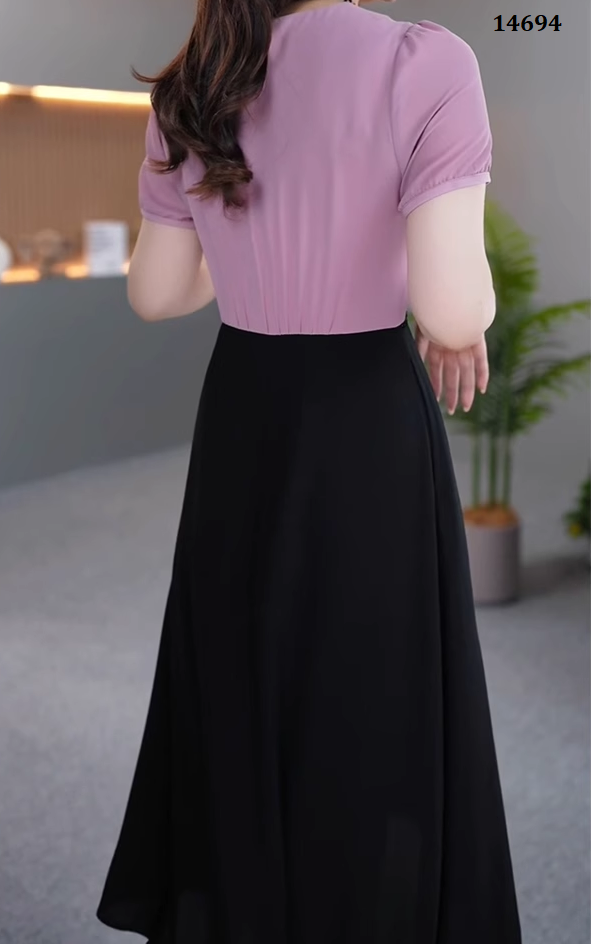 14694-Đầm xòe A phối 2 màu cách điệu (  voan lụa, poly 2 da)_thumbnail_2