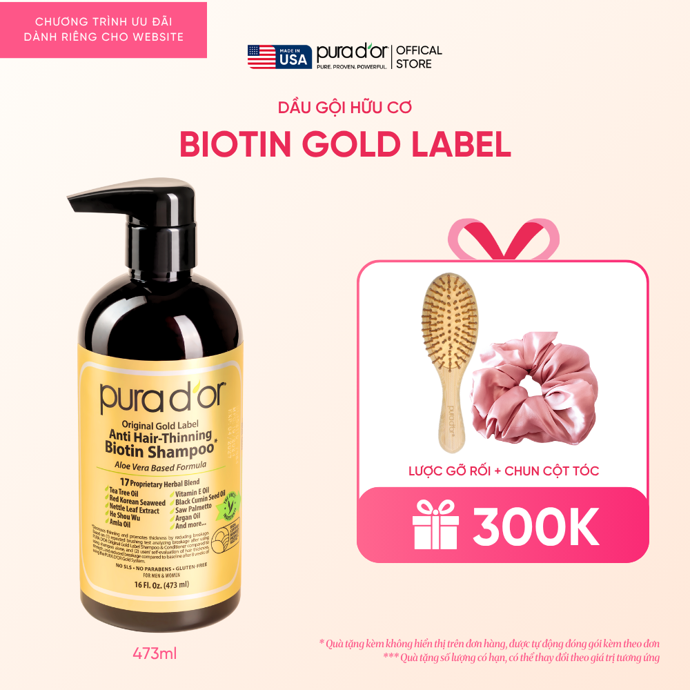 Dầu Gội Biotin Pura D'or Original Gold Label Chăm Sóc Da Đầu, Giảm Rụng Tóc, Hỗ Trợ Mọc Tóc 473ml