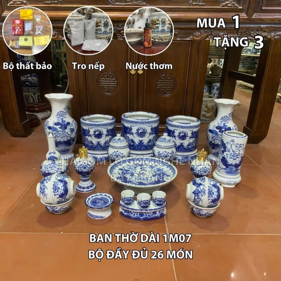 HG362 Đồ Thờ Cúng Bộ 26 món ban thờ 1M07 men lam nghệ nhân Bát Tràng chế tác TẶNG Thất Bảo, Tro Nếp