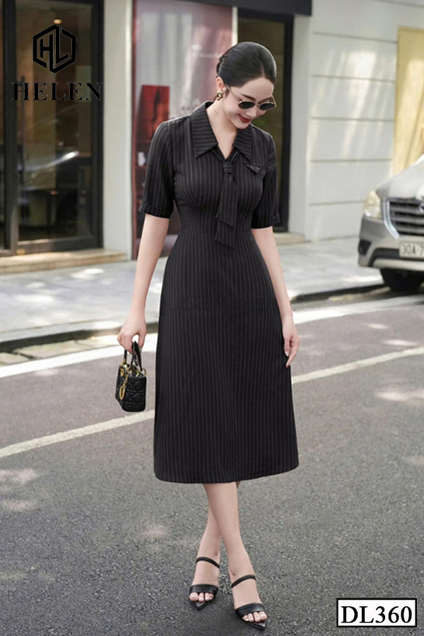 Đầm xòe kẻ đen cổ đức cách điệu DL360