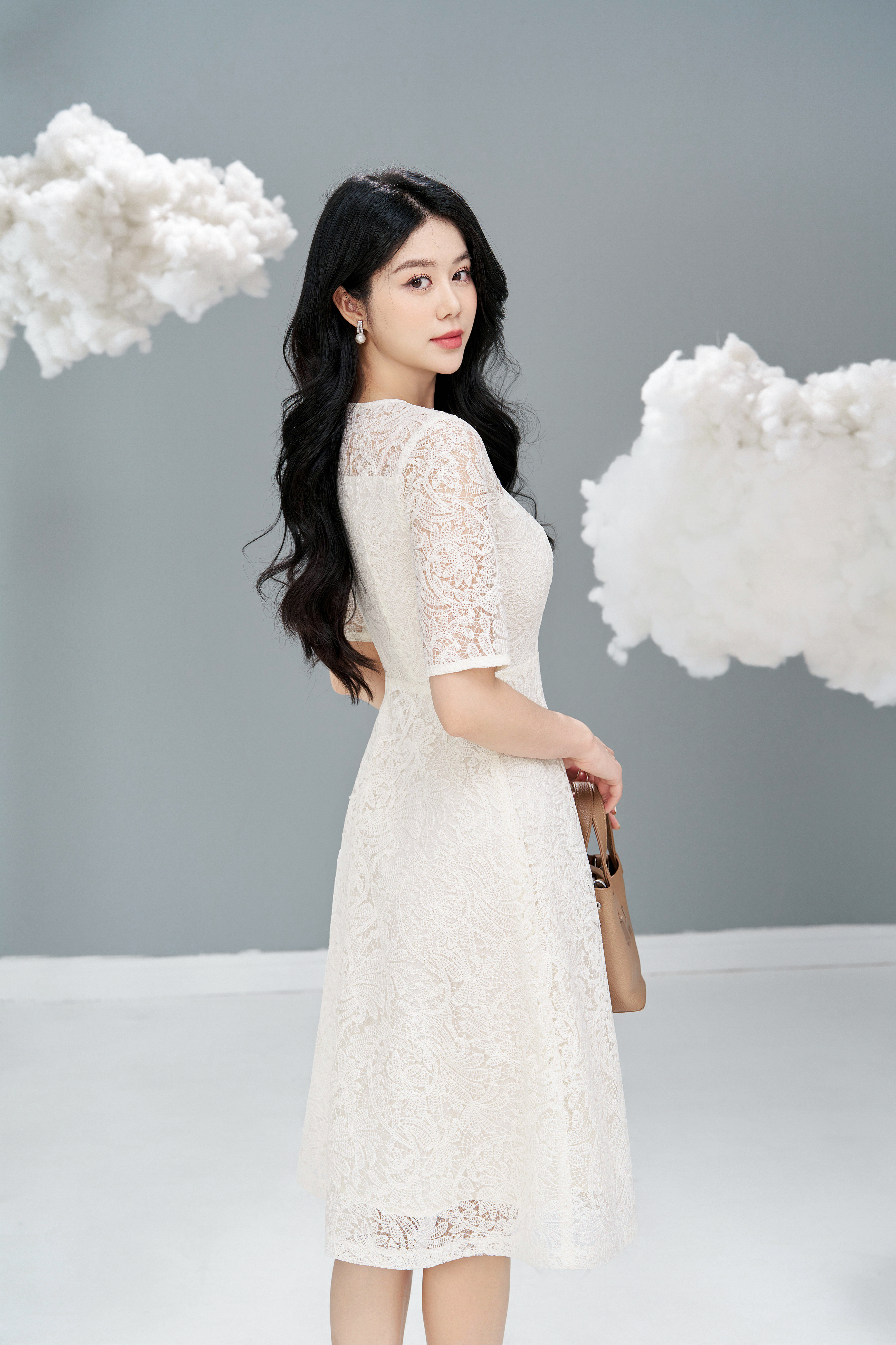 Đầm xòe công sở Thời trang Lavender ren trắng đính hoa cổ D2959_thumbnail_2