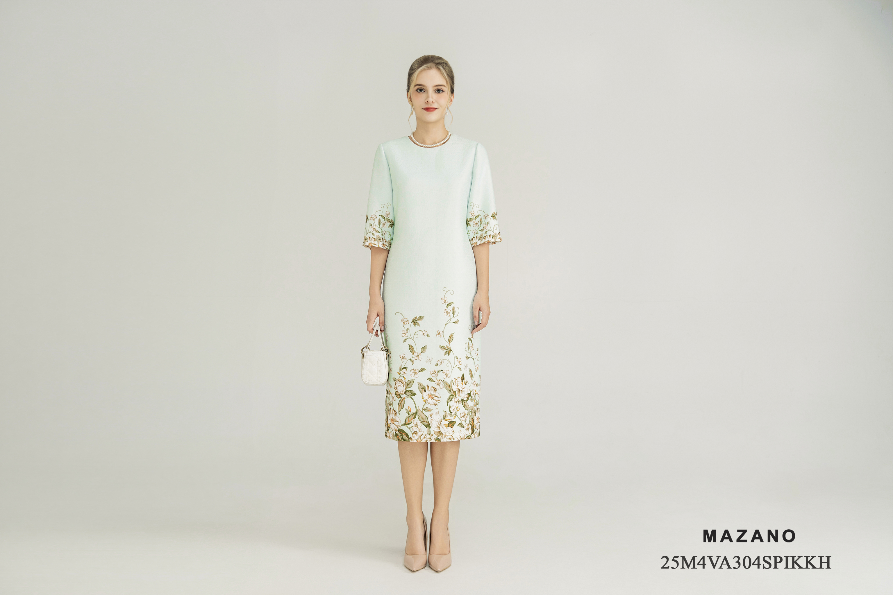 Váy Đầm Suông Vải tweed Hoạ tiết hoa cách điệu Cổ tròn Tay lỡ Dài qua gối