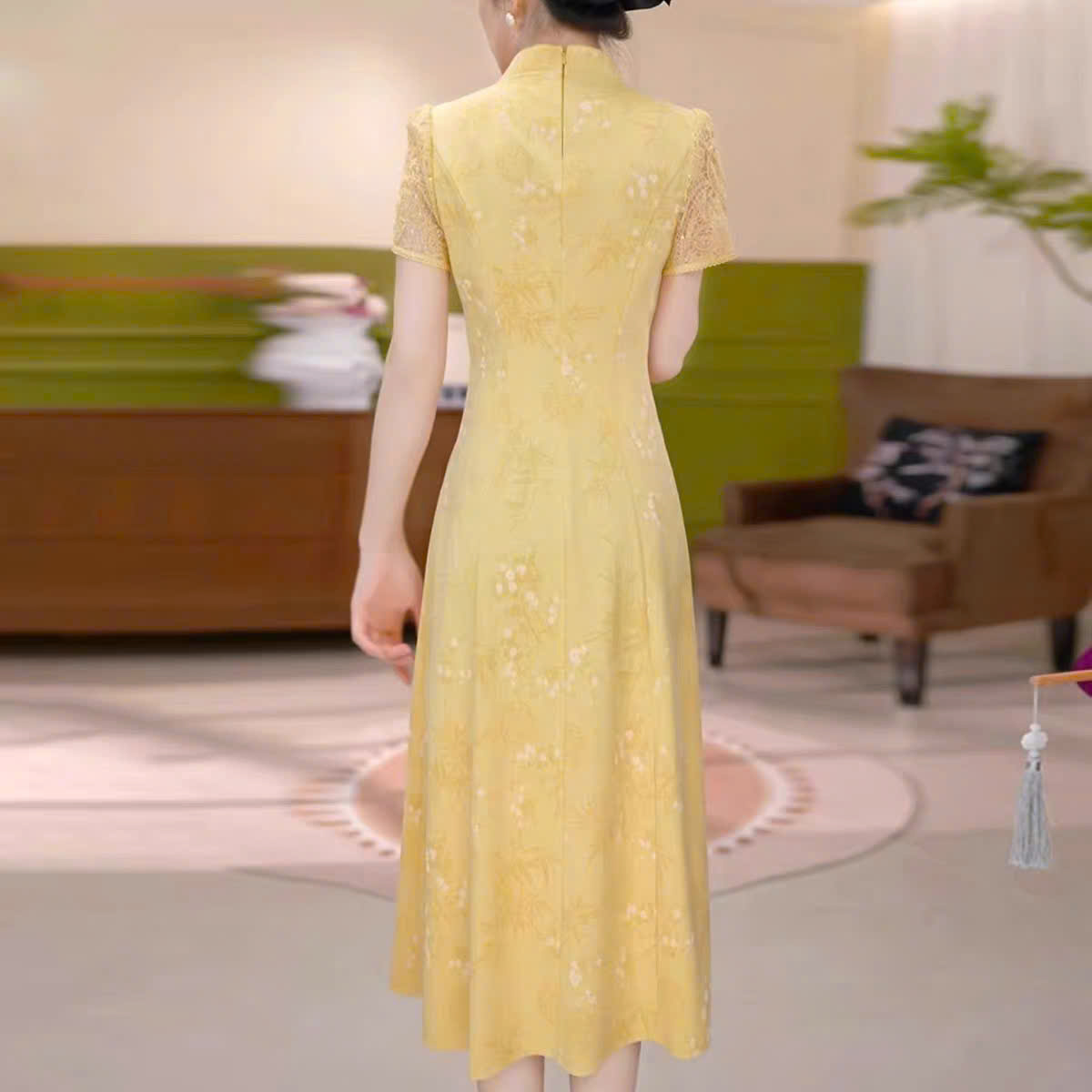 18274-Đầm lụa suông A vai phối ren màu  vàng ( lụa, ren)_thumbnail_1