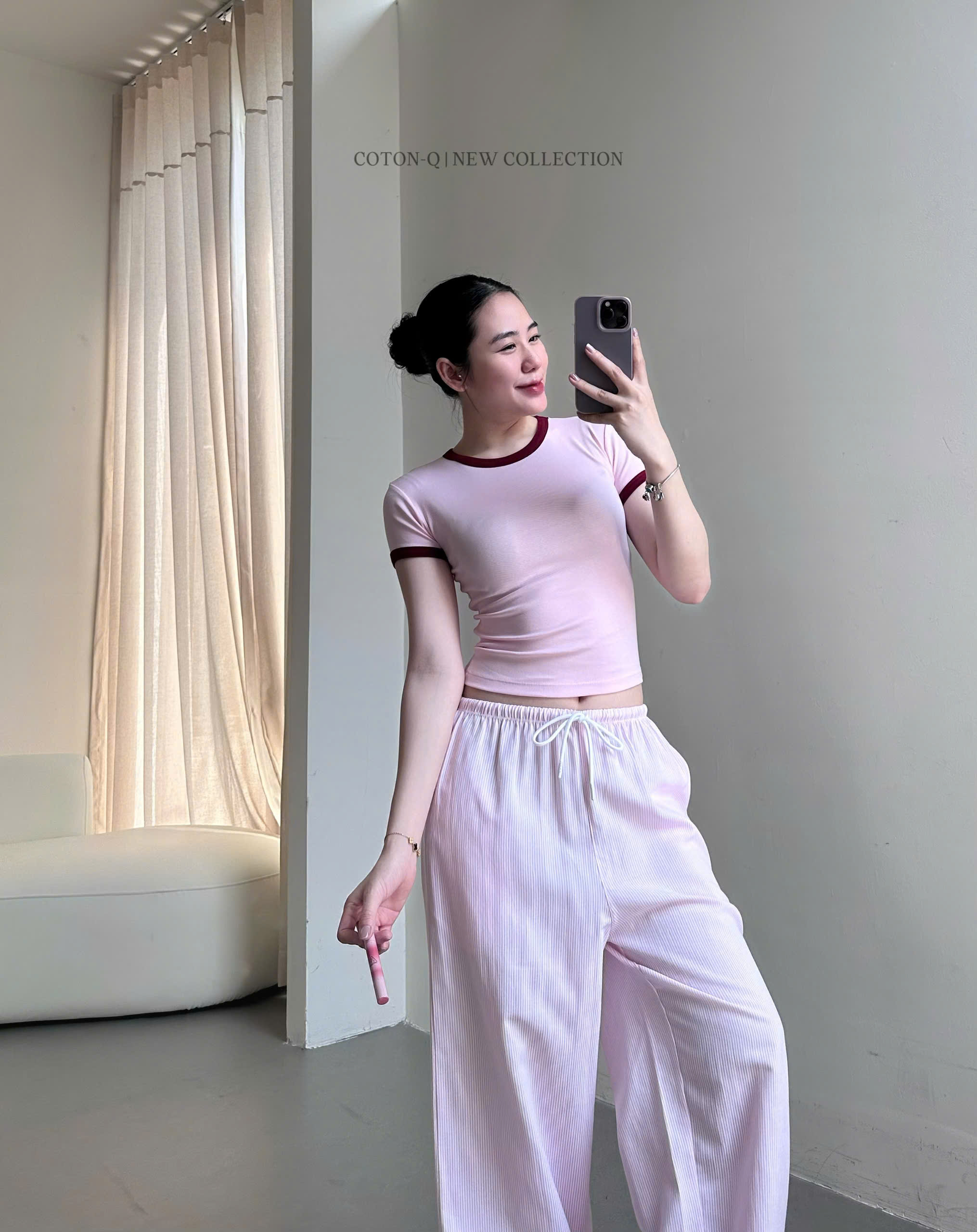 Set áo ôm viền + quần dài sọc ( XANH )_thumbnail_7