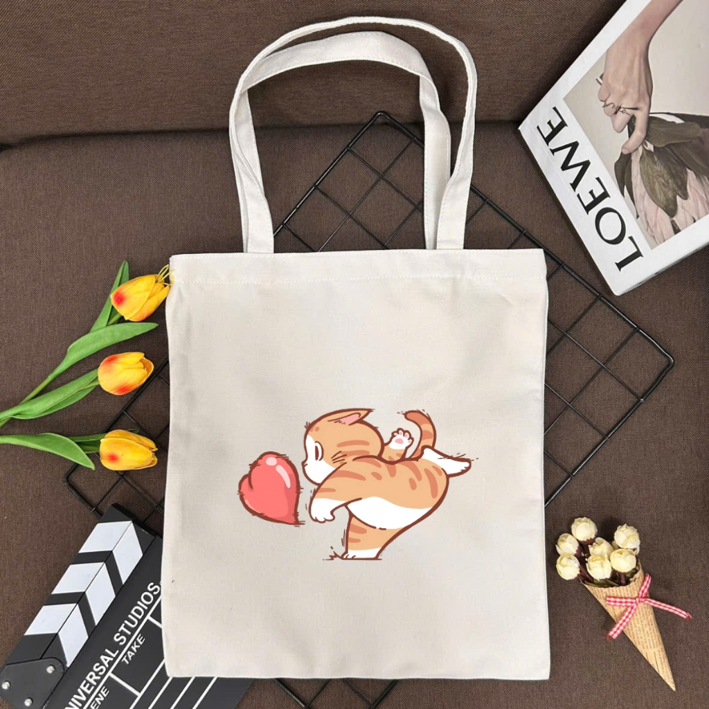 Túi tote vải canvas in hình mèo cute có khoá kéo và ngăn phụ, đi học, đi chơi - TOTE16_thumbnail_1