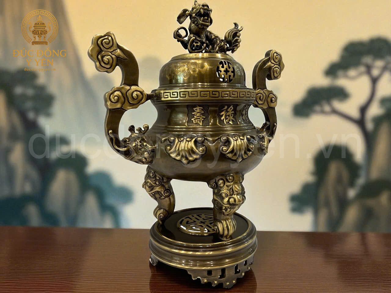 Bộ đỉnh thờ tam sự hoa văn sòi đúc đồng vàng thau làm màu giả cổ _thumbnail_3