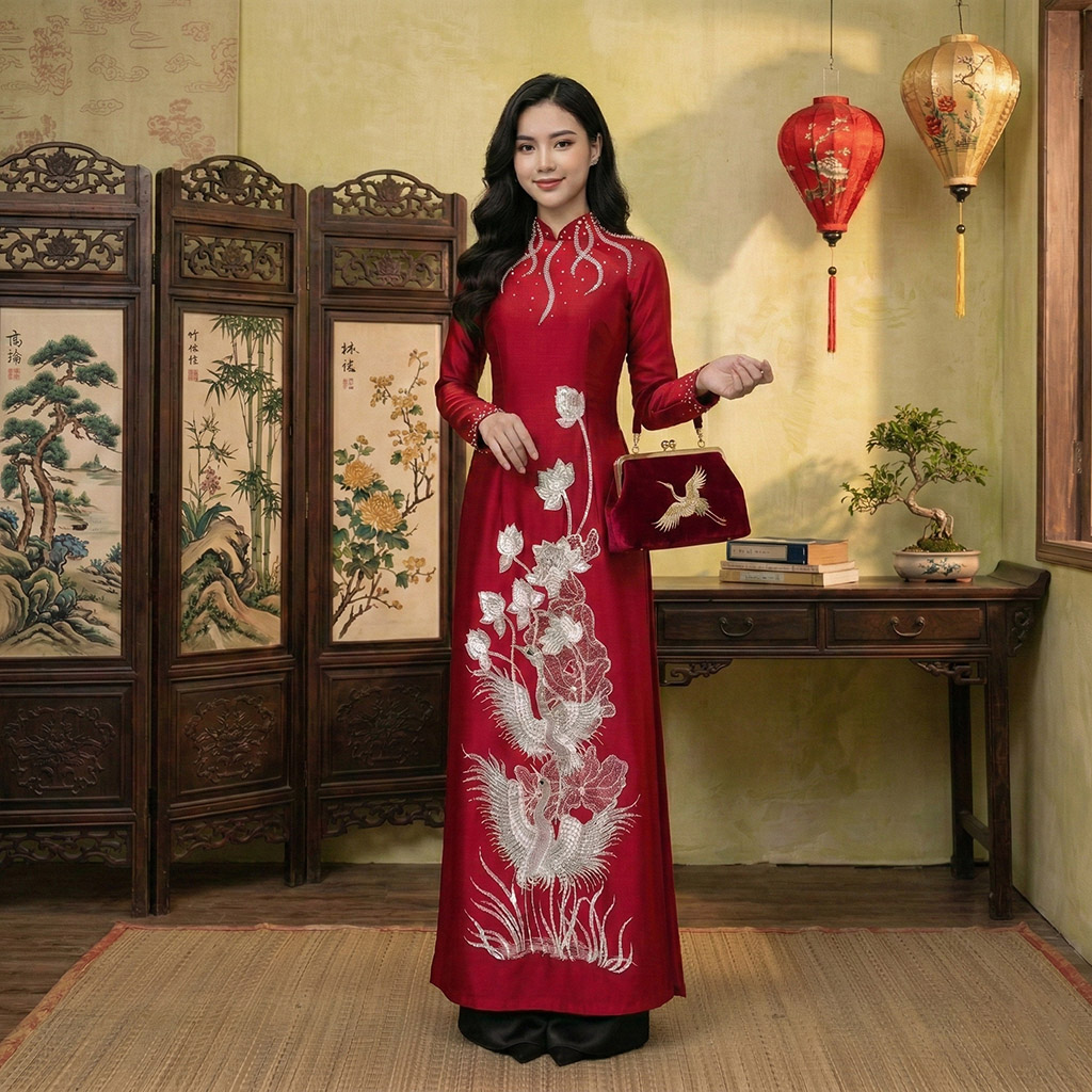 Áo Dài Bà Sui Màu Đỏ Thêu Sen Hạc Sang Trọng – Ruby Cao Cấp AM26-09