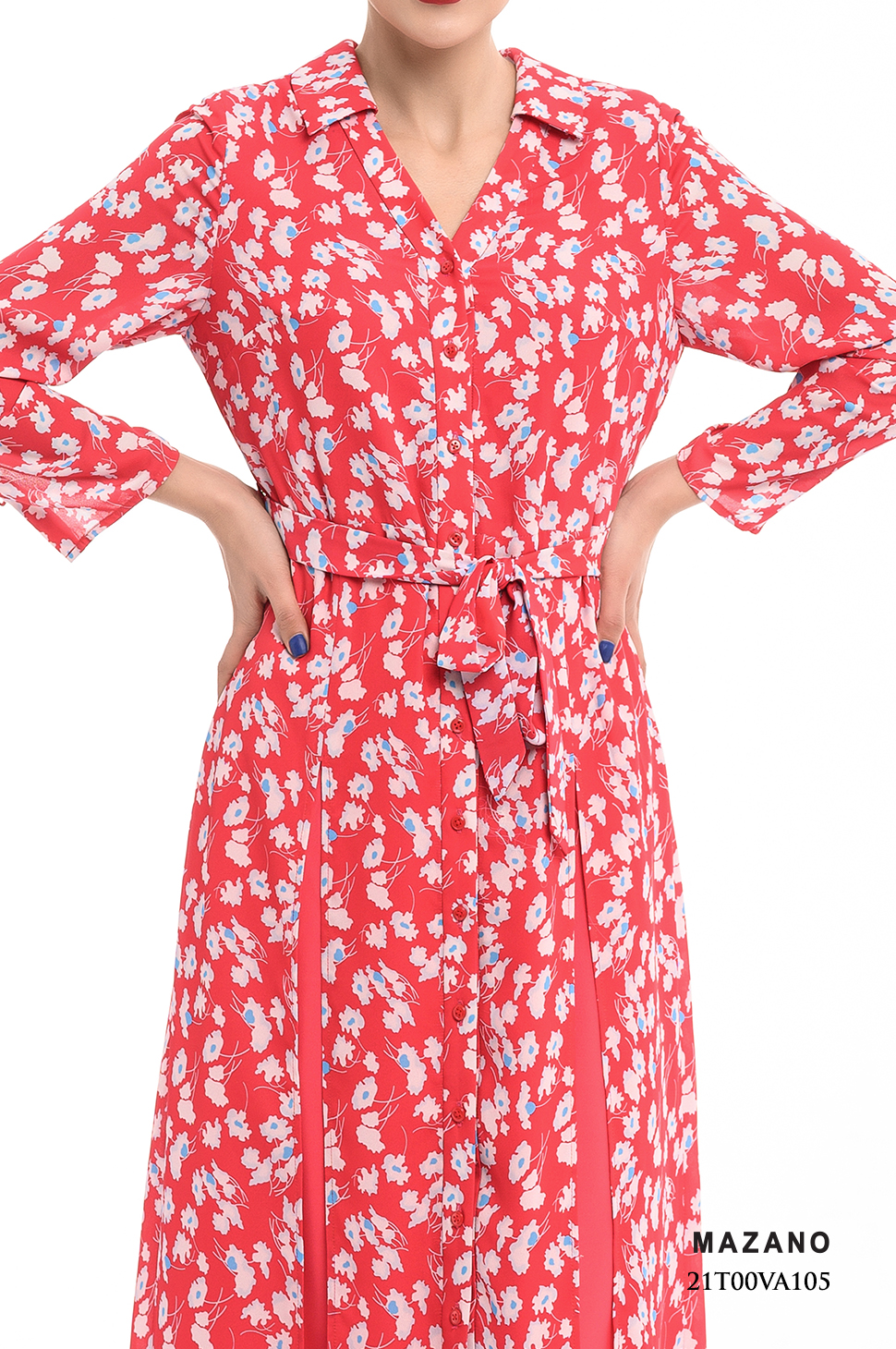 Đầm sơ mi họa tiết nền đỏ xẻ thân thắt đai_thumbnail_4