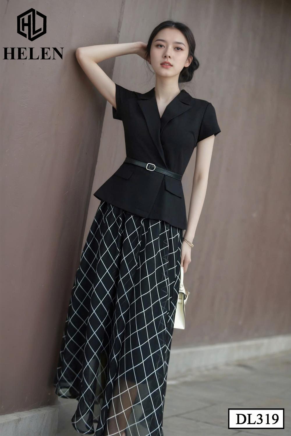 Đầm xòe cổ vest đen phối chân họa tiết DL319_thumbnail_3