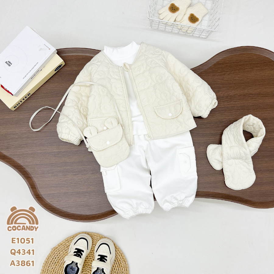 Áo khoác phao BE mặt gấu kèm TÚI + KHĂN