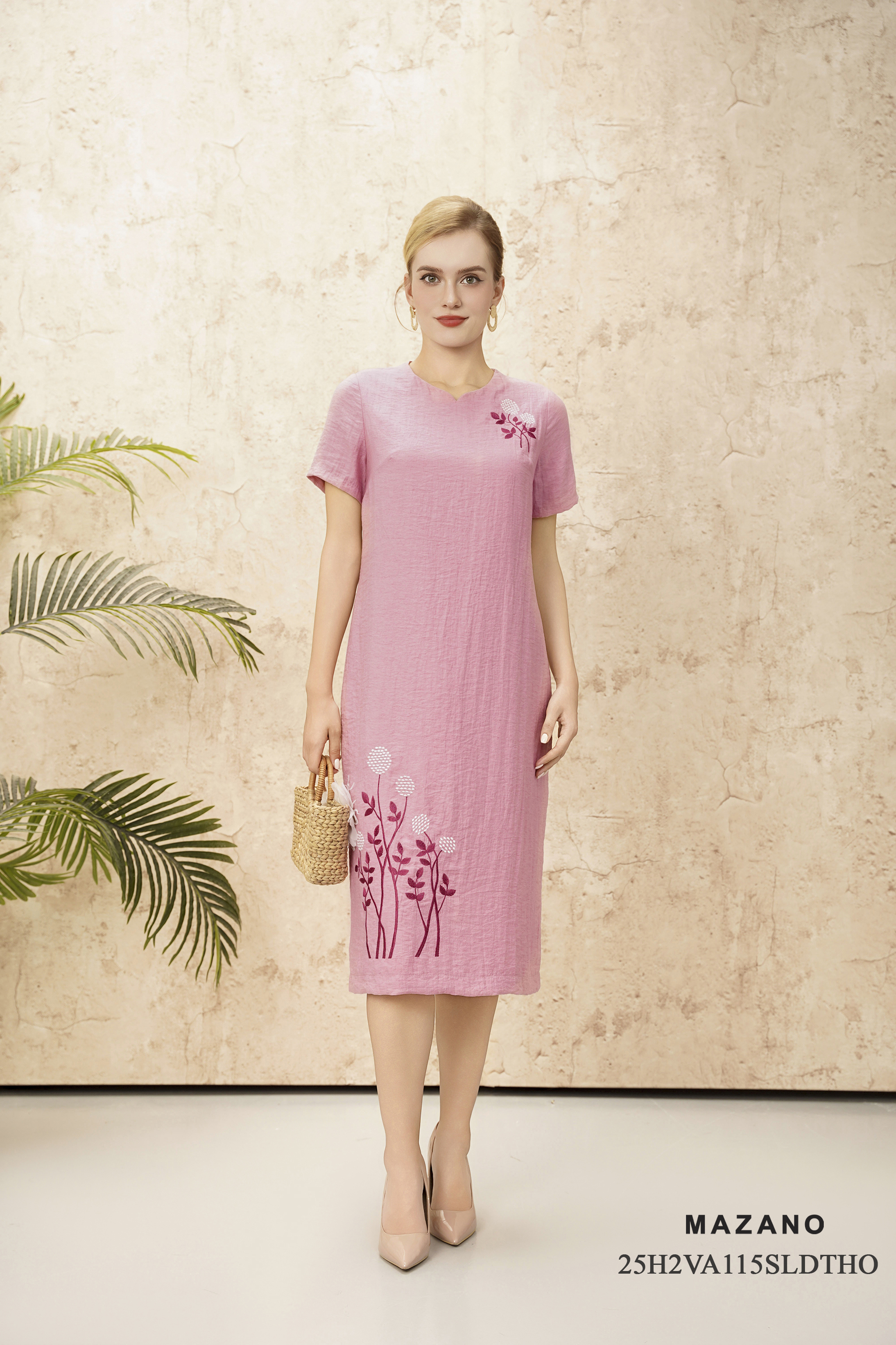 Váy Đầm suông Vải linen lụa Thêu họa tiết thủ công Cổ tròn Tay ngắn Dài trên bắp chân