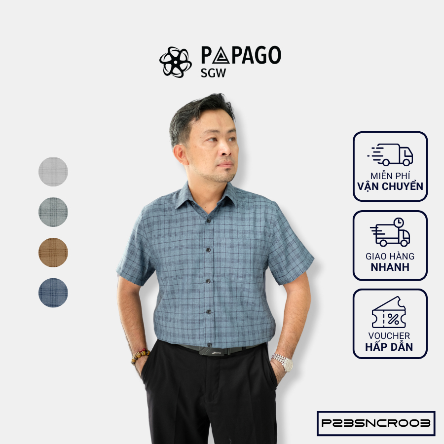 Áo sơ mi nam trung niên PAPAGO tay ngắn lai bầu sọc caro xô đũi mềm mịn cao cấp - P23SNCR003_thumbnail_1