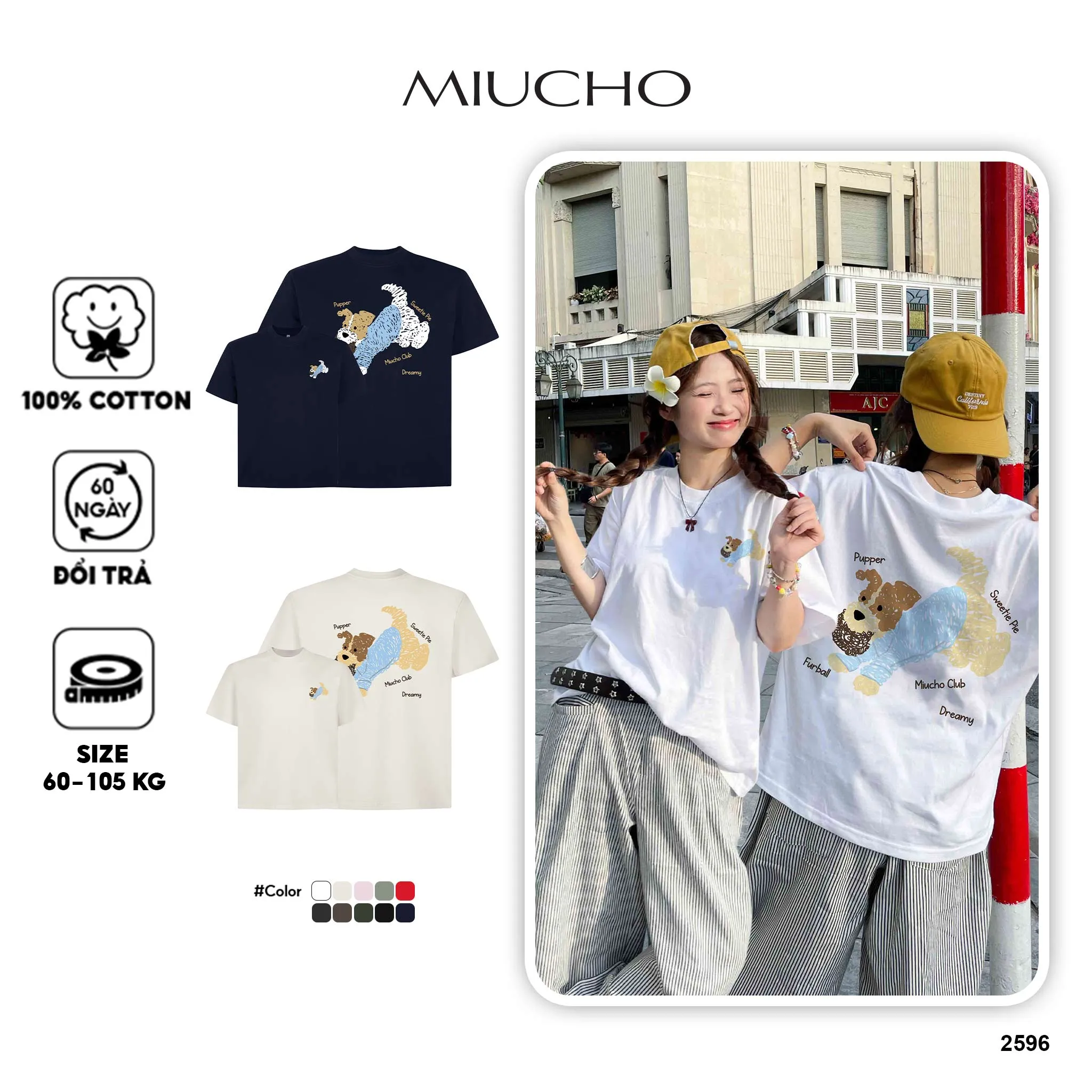 Áo thun boxy hình cún dễ thương 2596 Miucho vải cotton thoáng mát phong cách Hàn Quốc in mix_thumbnail_1