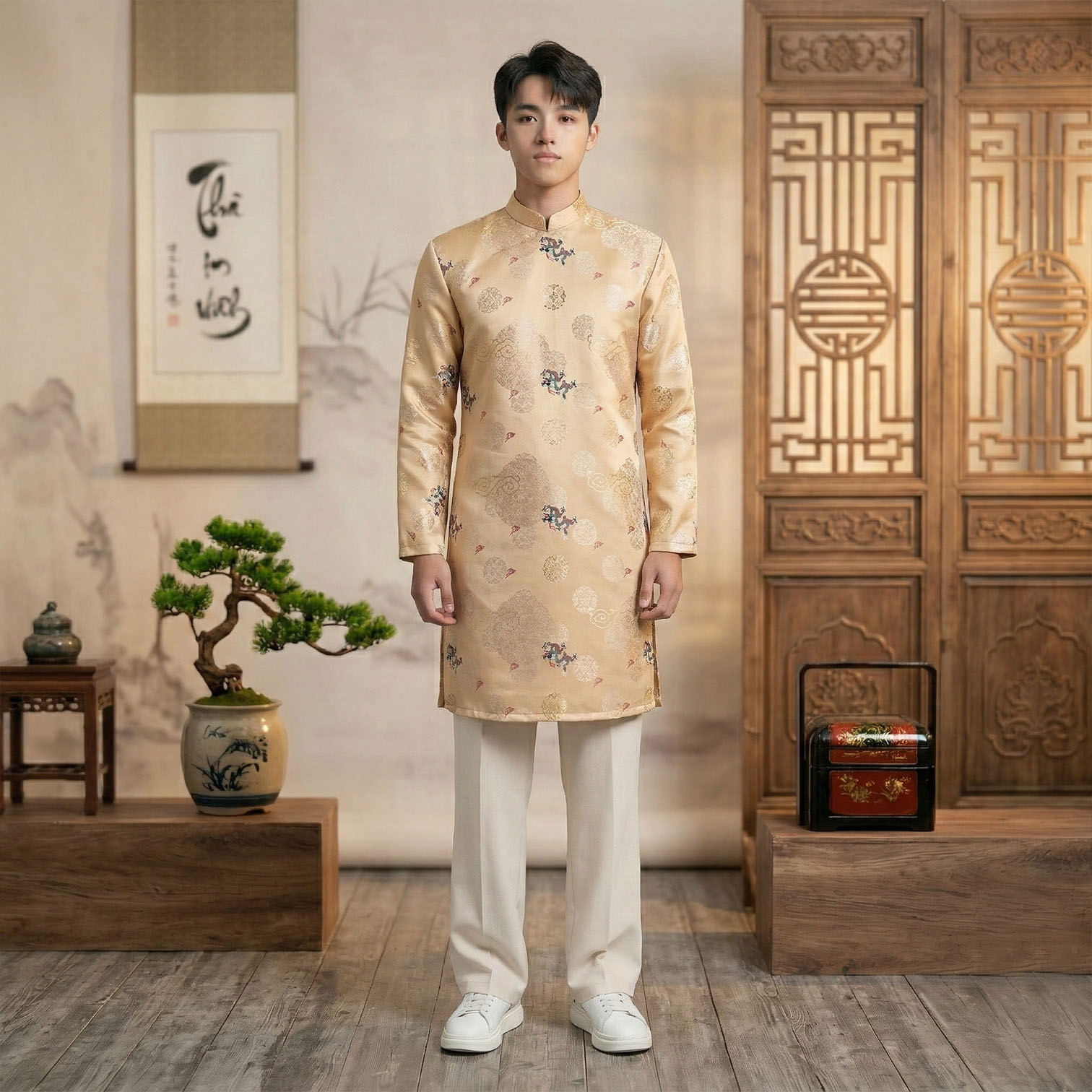 Áo Dài Nam Cách Tân Gấm Vân Cao Cấp Có Lót – Mặc Tết & Cưới Hỏi NA26-09_thumbnail_0