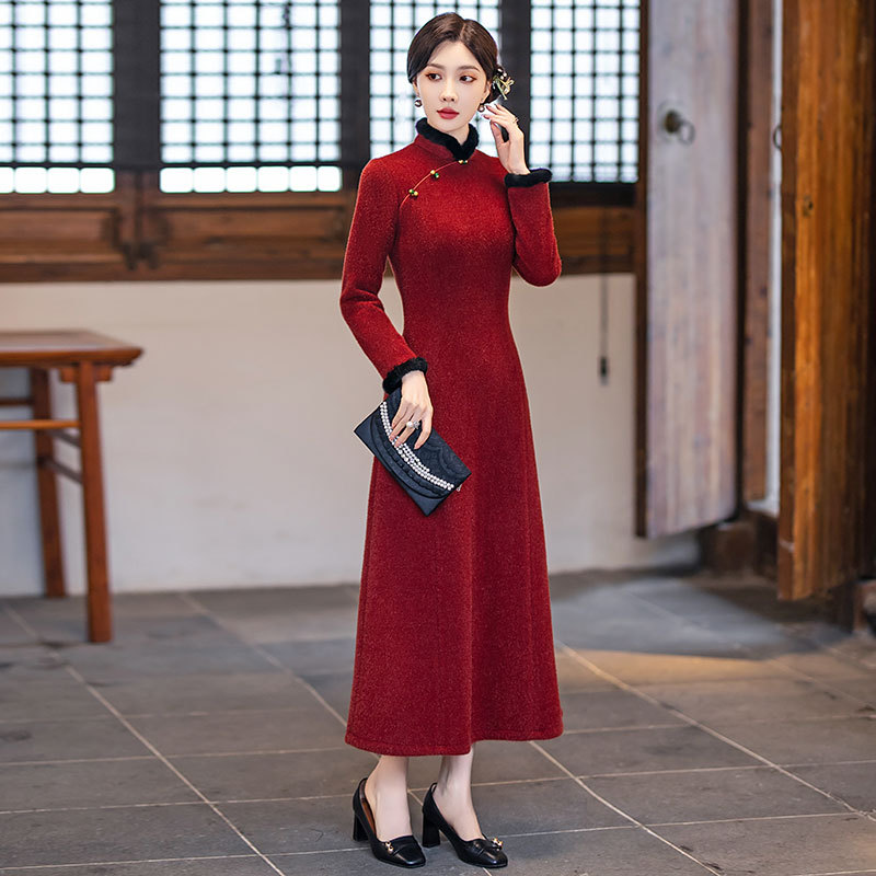 [MS000034] 🔥 Đầm Áo Dài Cách Tân Thu Đông Sang Trọng Cho Mẹ_thumbnail_1