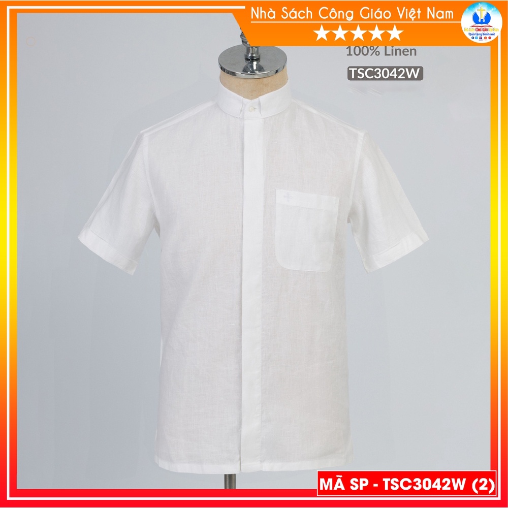 Áo Sơ Mi cổ côn linh mục ngắn tay cotton màu trắng TSC3042W - Quà tặng  Lễ quan thầy, truyền chức, sinh nhật cha xứ