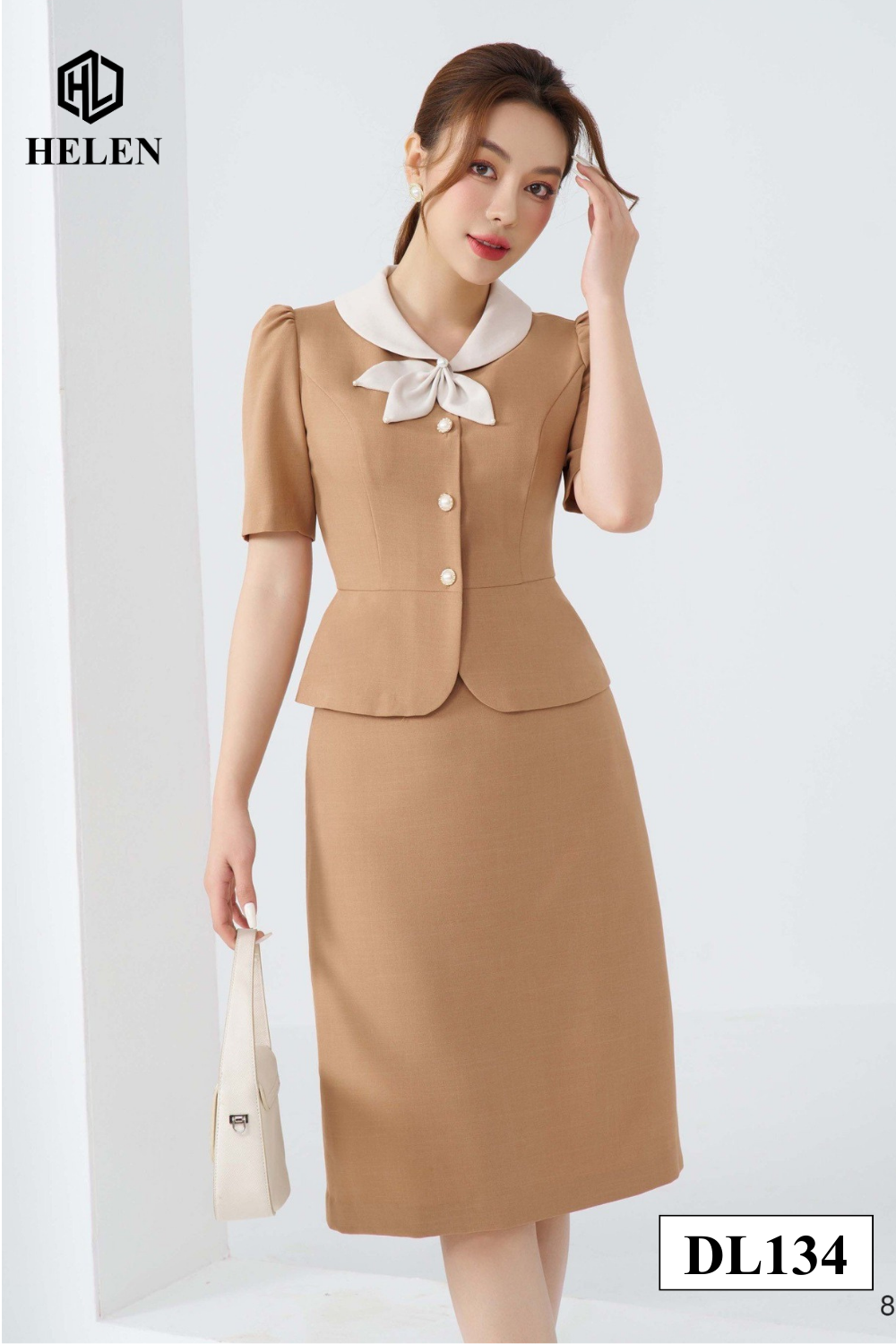 Đầm ôm peplum màu nâu cổ phối nơ trắng kem DL134_thumbnail_2