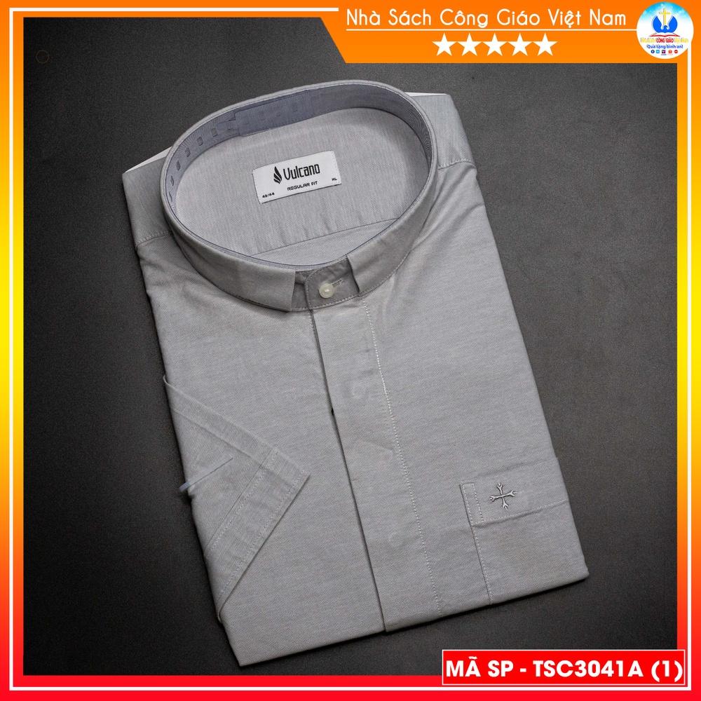 Áo Sơ Mi cổ côn linh mục ngắn tay màu ghi cotton TSC3041A- Quà tặng  Lễ quan thầy, truyền chức, sinh nhật cha xứ_thumbnail_5