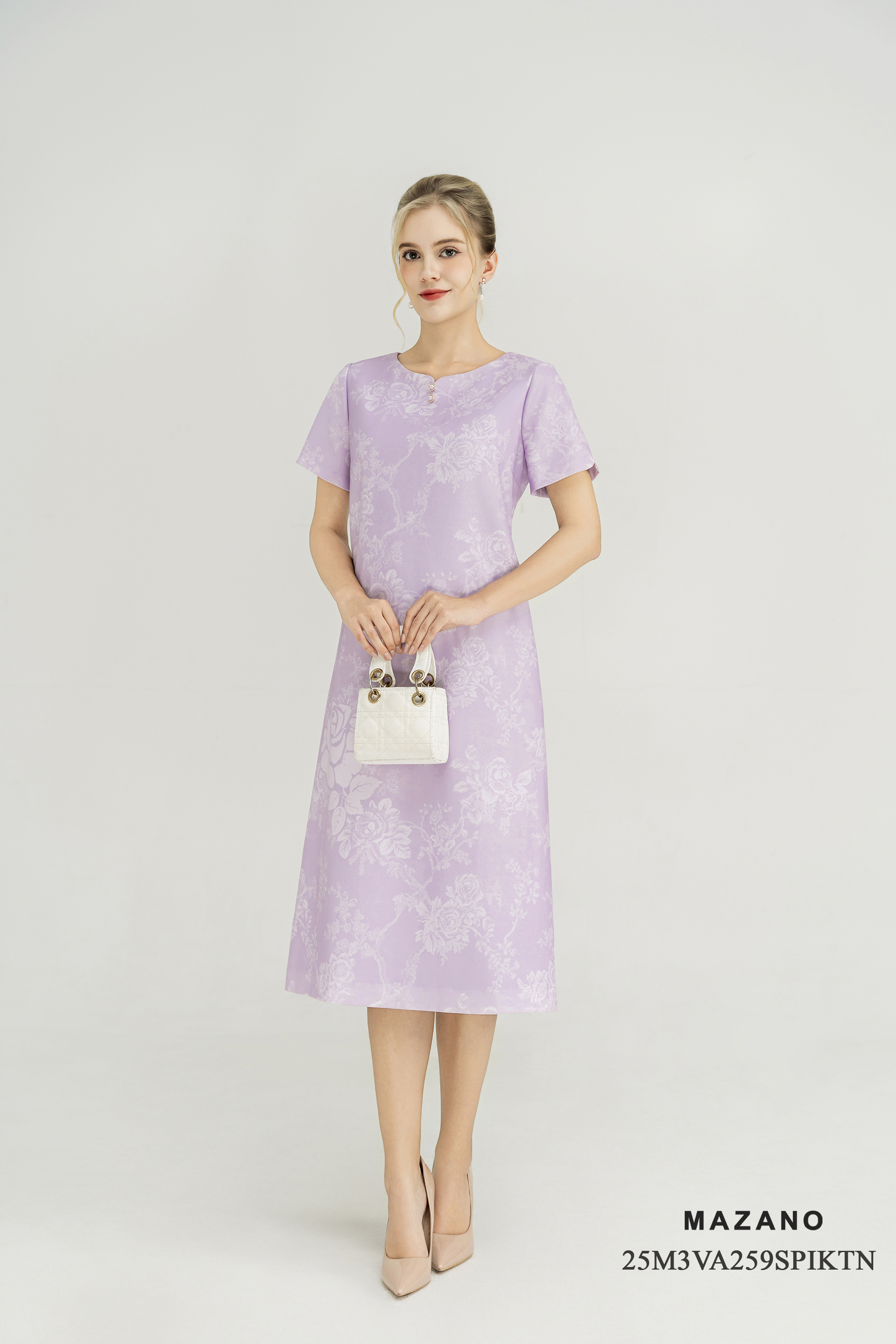 Váy Đầm Suông Vải thô dày Hoạ tiết cách điệu Cổ tròn Tay ngắn Dài qua bắp chân