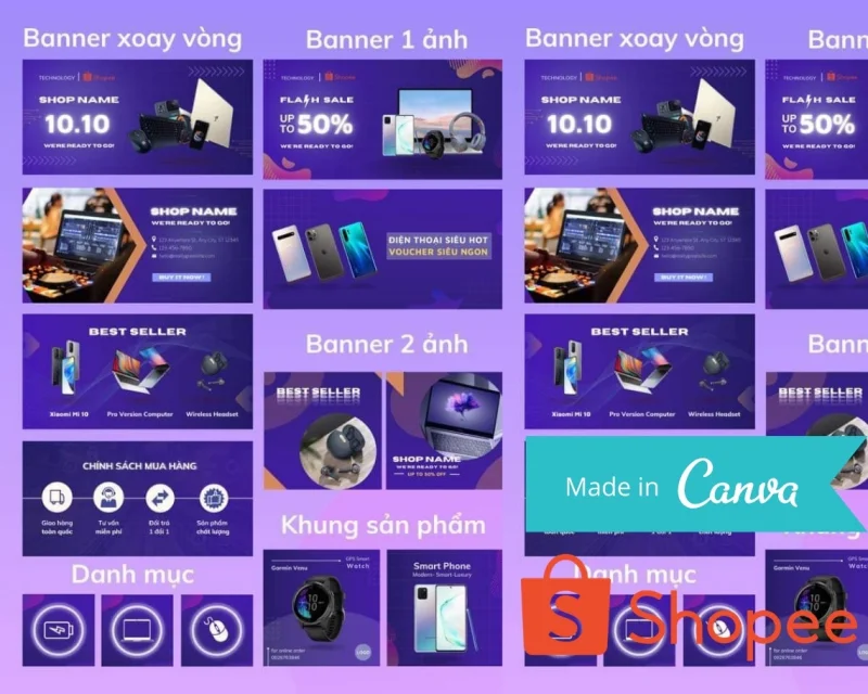 Bộ Templates Shopee Công Nghệ Tím – Canva Templates