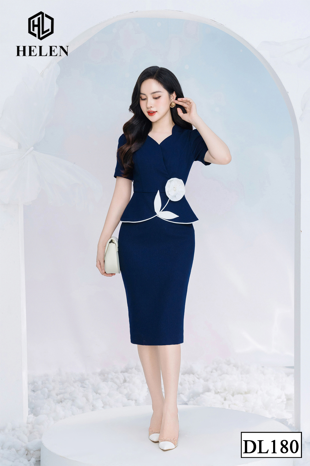 Đầm ôm peplum màu xanh than cổ cách điệu đính hoa eo DL180_thumbnail_2